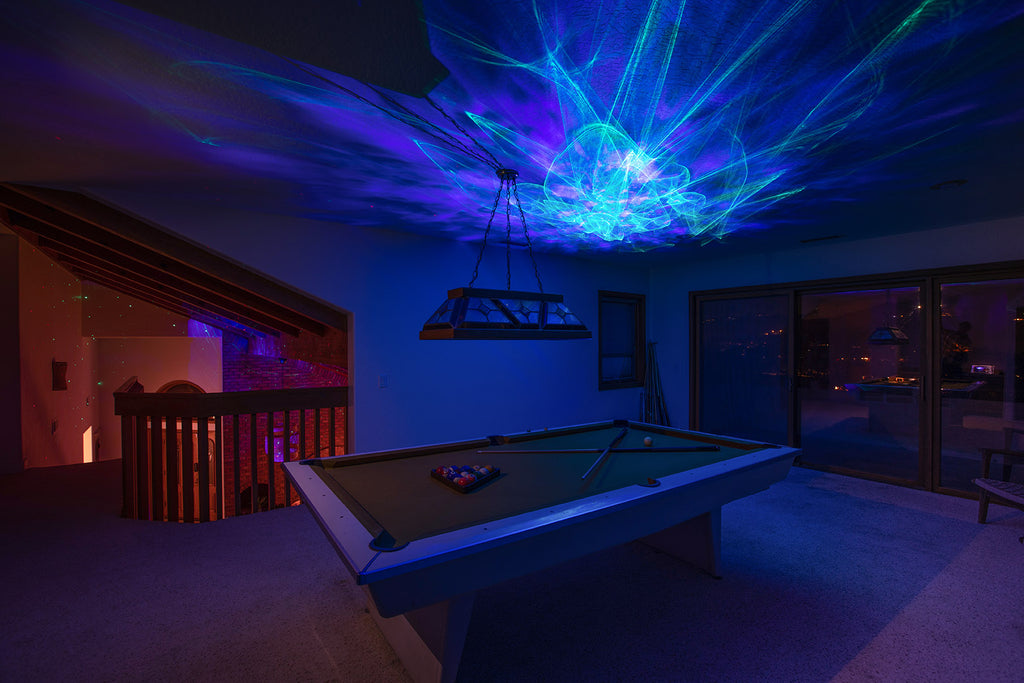 man cave with pool table and ark aurora light