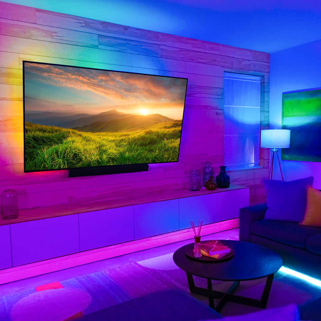 living room with blissglow multicolor led strip lights