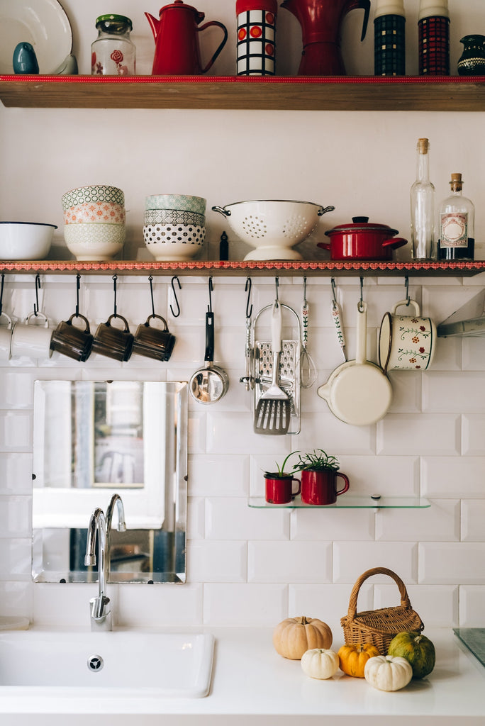 sunny kitchen with pots and pans