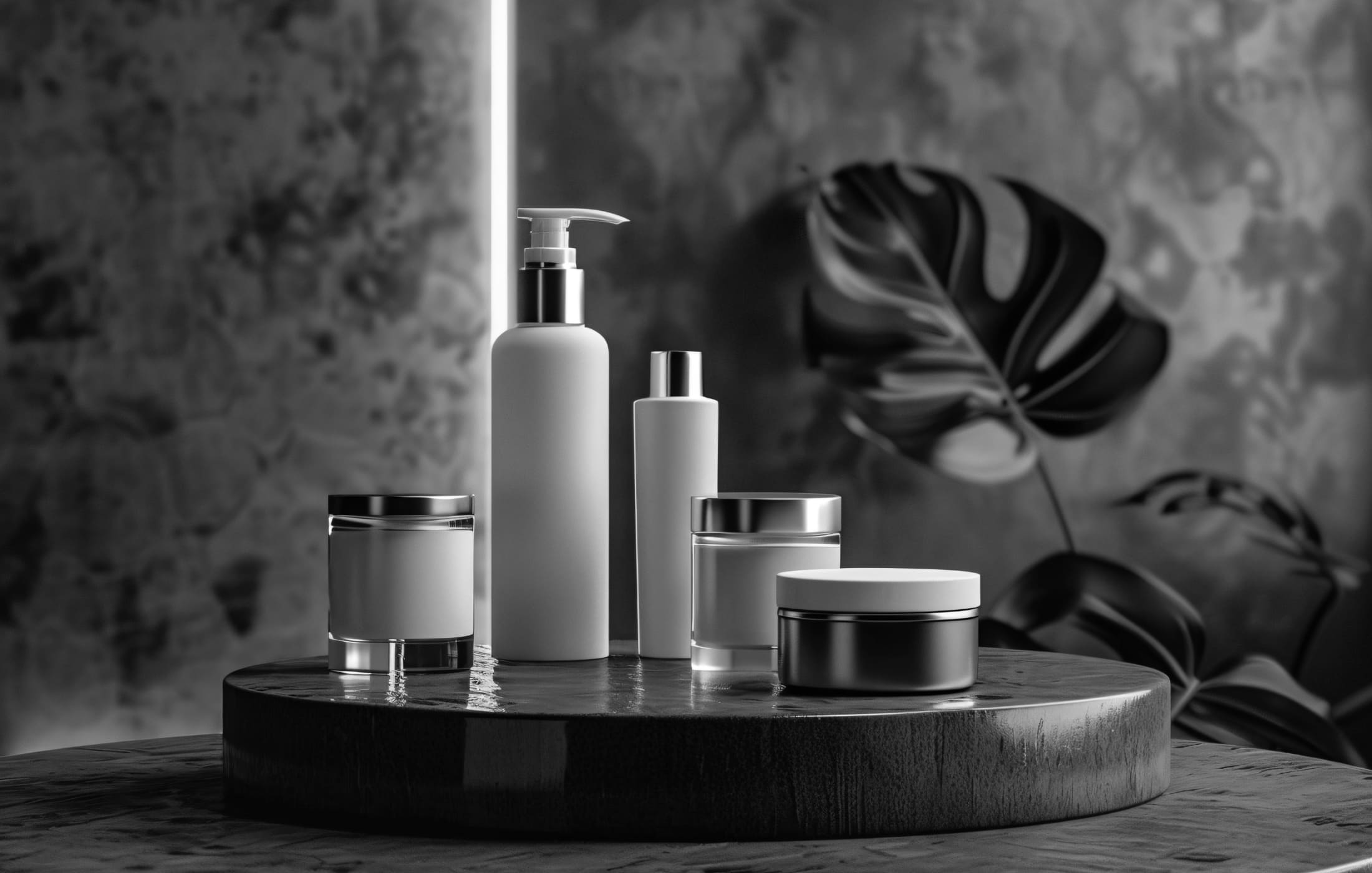 A sleek and stylish display of premium men's skincare products arranged on a polished wooden platform. The collection includes a variety of essential items such as a pump bottle, jars, and smaller containers, all in elegant, minimalist packaging. The soft lighting and modern background with abstract elements and a large leaf add a sophisticated touch, emphasizing the luxury and quality of these skincare essentials. This image highlights the importance of using high-quality products in your men’s skincare routine, combining effectiveness with a refined aesthetic that appeals to the modern man.