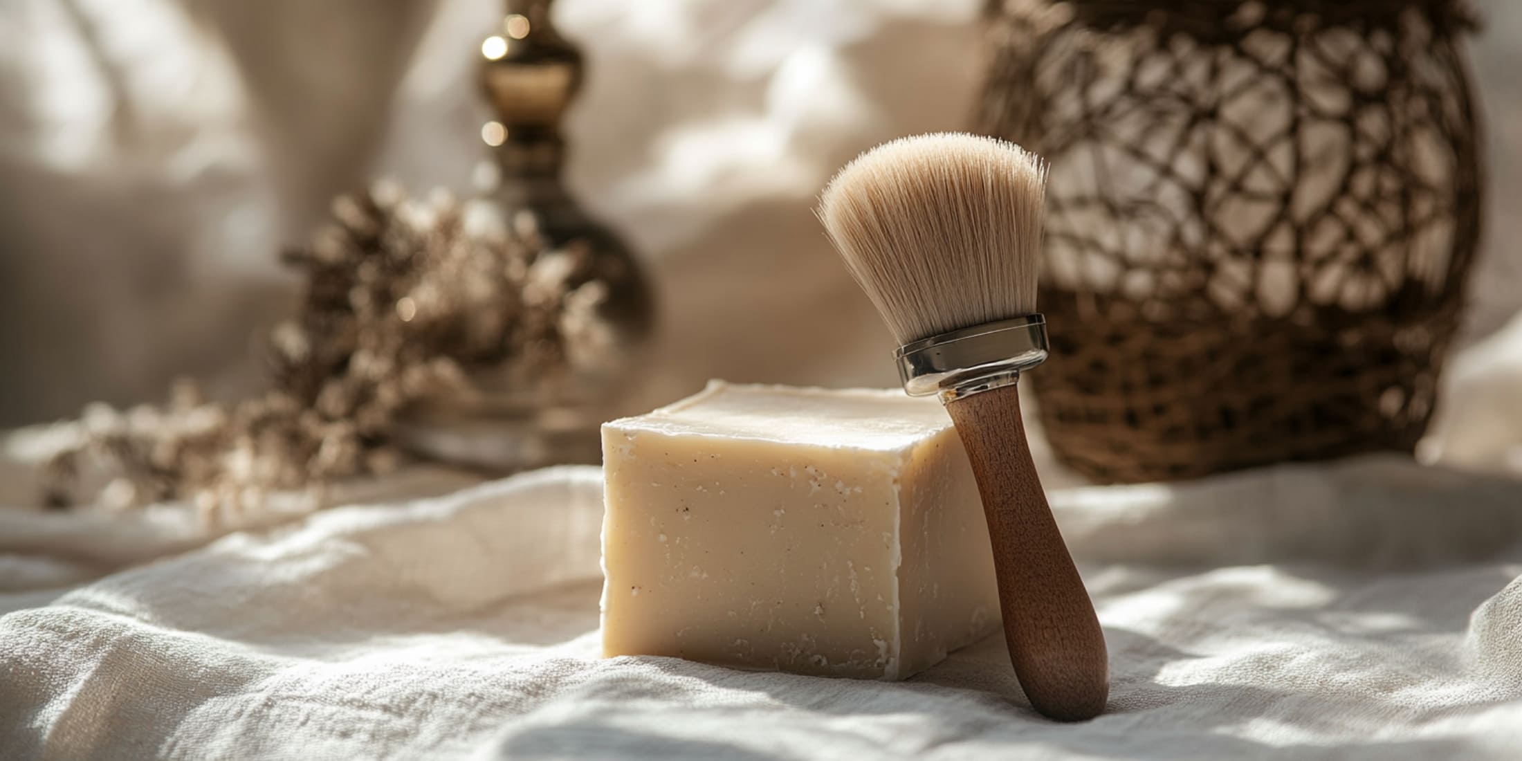 Elegant wood-handled shaving brush with soft bristles placed next to a block of traditional shaving soap, both sitting on a light fabric in warm, natural sunlight. The scene captures the essence of a classic grooming ritual, perfect for those learning how to use a shaving brush for a luxurious and smooth shave.