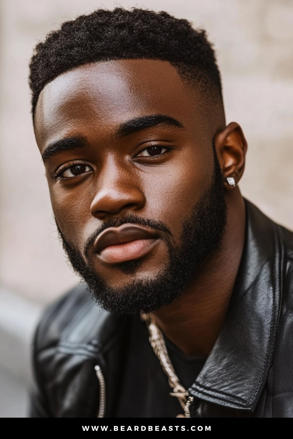 Close-up of a young man with an Afro with Tapered Sides, a stylish choice within men's short on sides, long on top haircuts. The natural afro on top is full and textured, while the tapered sides create a sharp, clean contrast, highlighting the perfect blend of tradition and modern style.