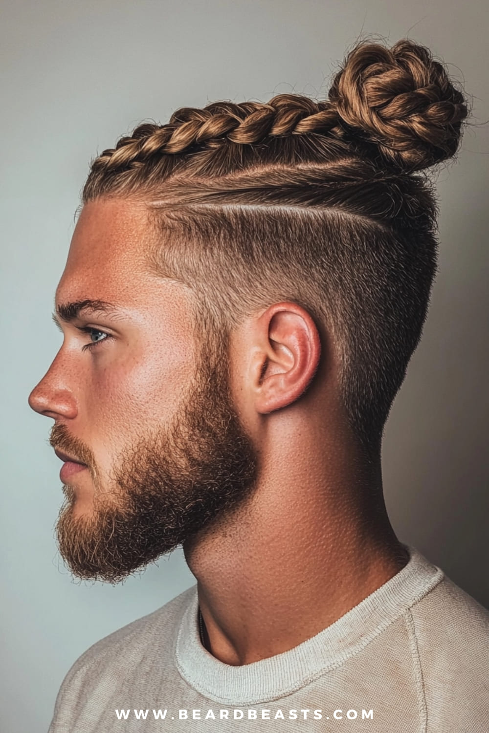 A side profile of a man with a meticulously styled braided man bun. His hair is neatly parted and tightly braided along the top of his head, leading into a well-formed bun at the crown. The sides are closely shaved, highlighting the intricate braid and the contrast between the long and short hair. The man's well-groomed beard complements the clean and precise look of his hairstyle. He is wearing a light-colored, casual shirt against a plain background, which keeps the focus entirely on his striking hairstyle.