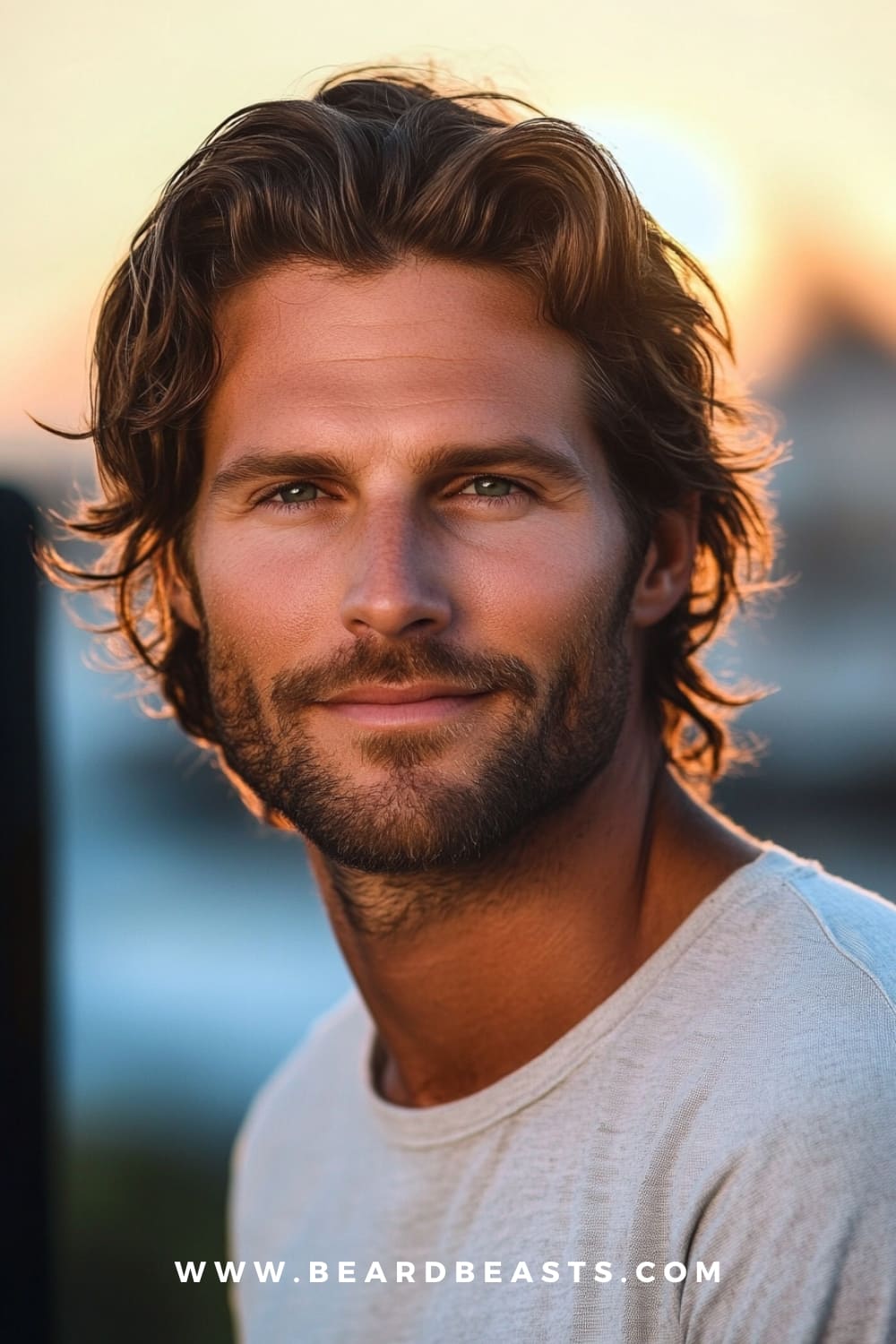 A man with a rugged, relaxed look is sporting a bro flow, featuring medium-length, wavy brown hair that flows naturally back, framing his face with soft, textured layers. His neatly trimmed beard complements the casual yet stylish hairstyle, adding a masculine touch to his appearance. The background shows a soft sunset, further enhancing the laid-back, beachy vibe of the look.