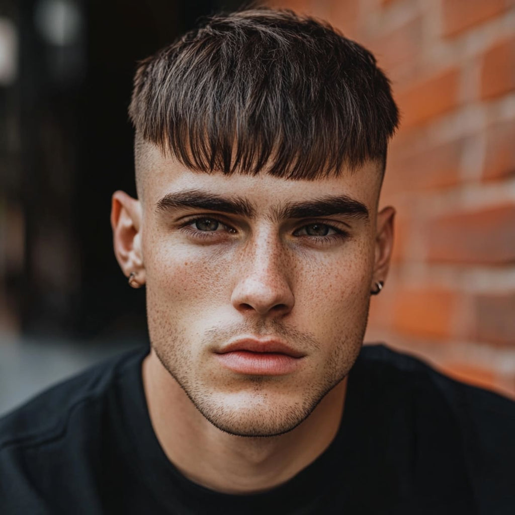 Man with a Caesar cut hairstyle featuring a straight fringe that sits just above the eyebrows, creating a bold and defined look. The hairstyle adds structure to his face and brings out his strong features, while the short, even cut provides a clean and modern appearance. A great option for those seeking a classic style with a contemporary edge.