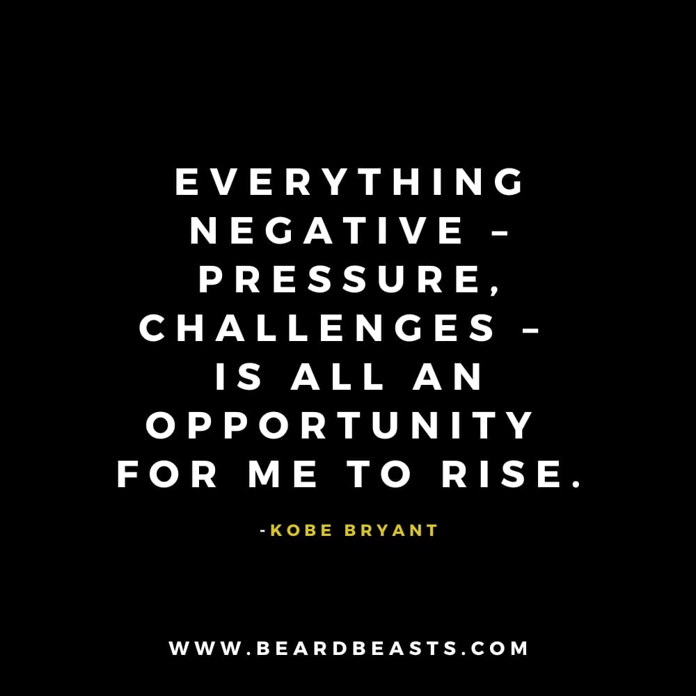 The image features an inspirational quote from Kobe Bryant on a black background. The text, in bold white font, reads: "Everything negative – pressure, challenges – is all an opportunity for me to rise." Below the quote, Kobe Bryant's name is written in small yellow font.