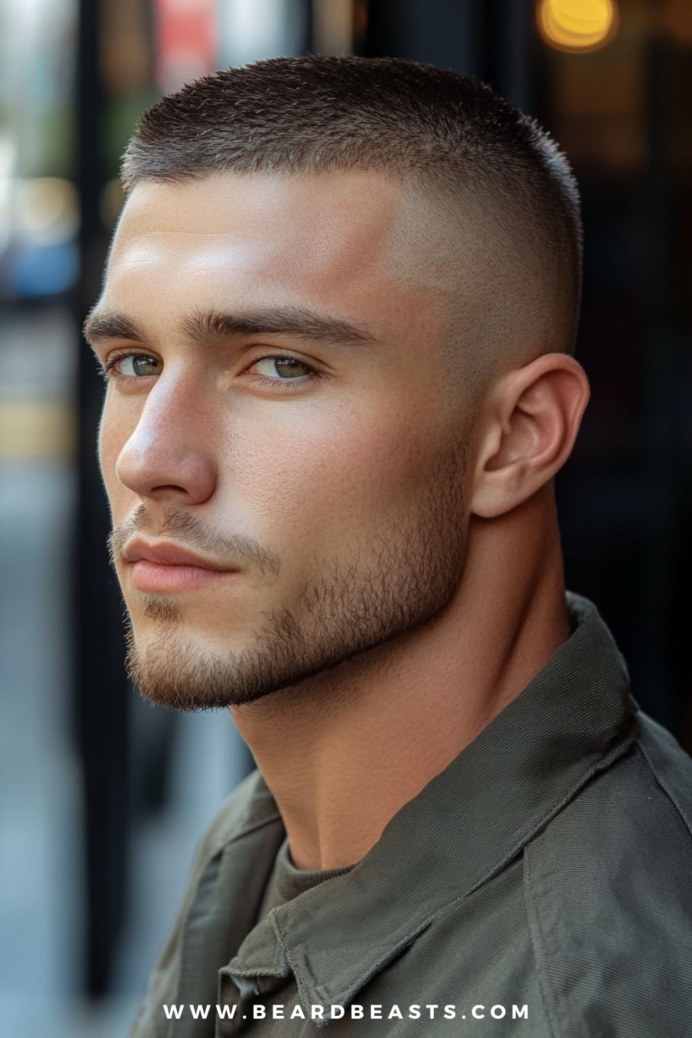 A young man with a sharp, well-defined high and tight haircut is captured in a close-up profile shot. His hair is closely shaved on the sides, with a slightly longer, neatly trimmed top that accentuates the clean lines of this military-inspired hairstyle.