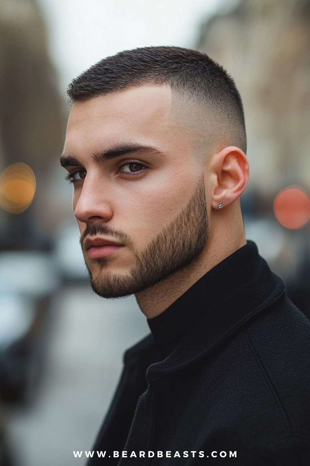 A man with a well-groomed high and tight hairstyle is shown in a close-up profile. His hair is very short on the sides, creating a clean fade that draws attention to the slightly longer hair on top. The style accentuates his sharp facial features and is paired with a neatly trimmed beard for a sleek, modern look. This short hairstyle for men with thin hair is ideal for creating a fuller appearance while keeping the overall look stylish and low-maintenance. The background adds a subtle urban feel, enhancing the sharp and contemporary vibe of the haircut.