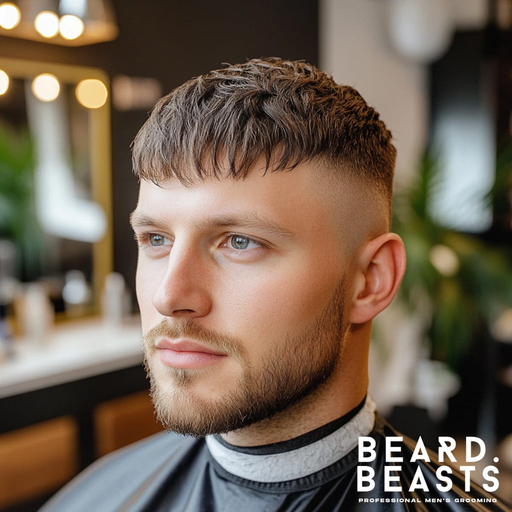 Portrait of a 30-year-old man with a clean and textured haircut, featuring a sharp fade on the sides and a neatly styled top. He has a light, well-groomed beard that enhances his polished appearance. The setting is a bright, modern barbershop with warm lighting, sleek decor, and greenery in the background. The overall vibe is stylish and professional, with attention to detail in both the haircut and the setting.