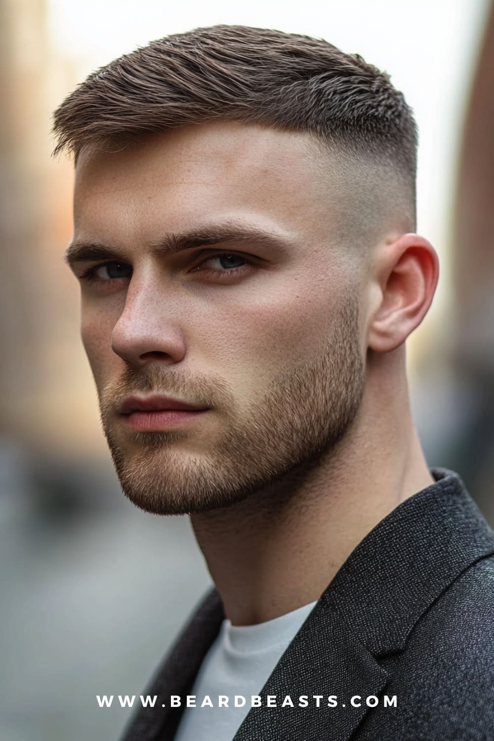 High fade with longer top hairstyle for men with square faces, featuring cleanly faded sides and a textured top, enhancing sharp facial features while maintaining a modern, sleek look.