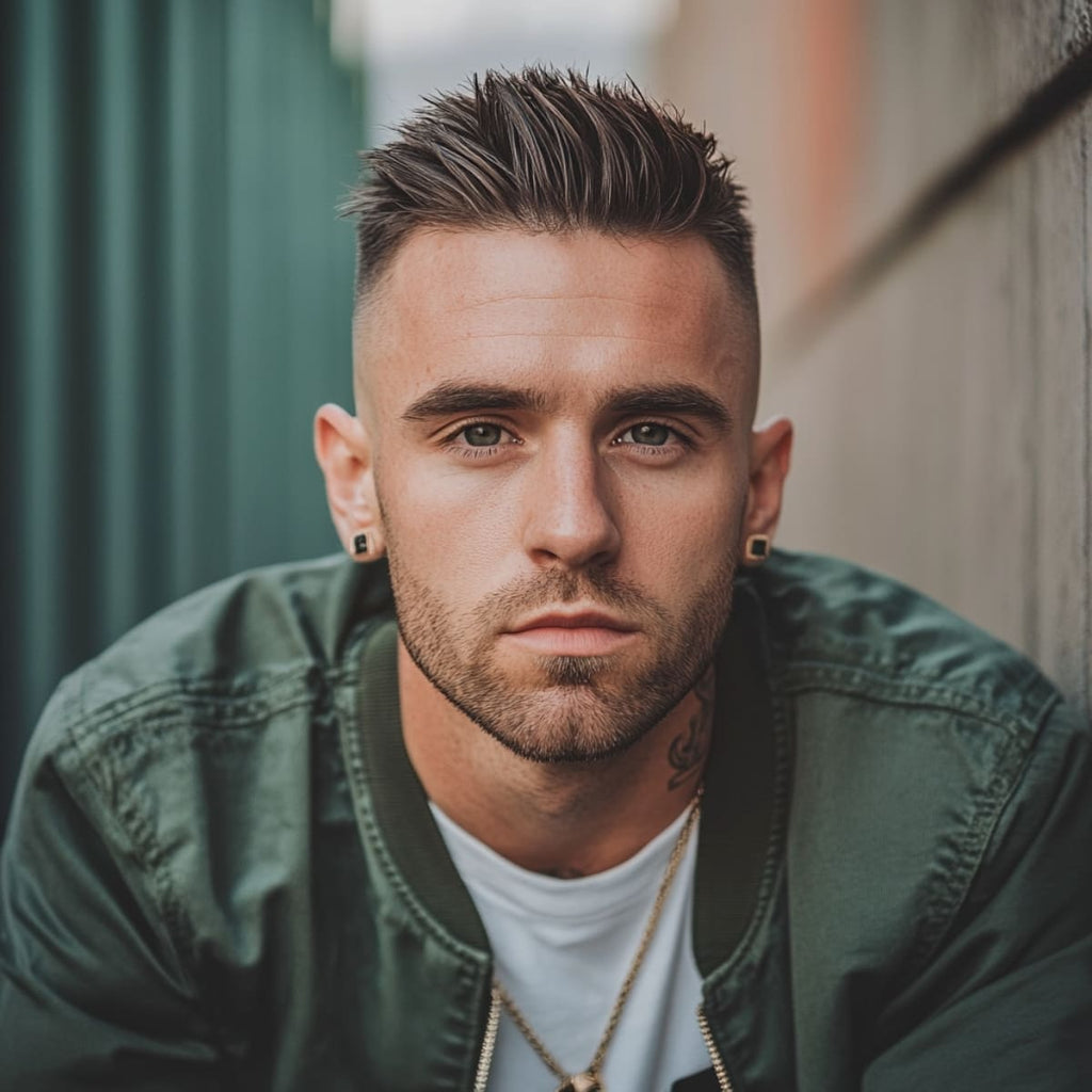 Man with a high fade and textured top hairstyle, ideal for men with big foreheads. This short hairstyle contrasts closely shaved sides with a voluminous top, drawing attention away from the forehead and creating a balanced, edgy look. A stylish example of short hairstyles for men with big foreheads, combining modern texture with a sleek, high-contrast fade.