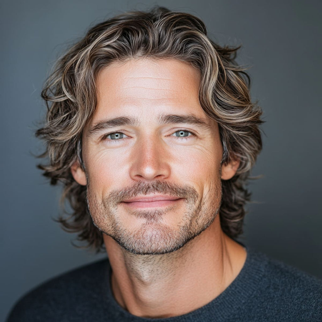 Man over 40 with a layered cut for wavy hair, showcasing one of the best haircuts for men over 40 who want a relaxed, natural look. His soft waves and confident smile highlight the effortless style and volume of this haircut, ideal for adding texture and movement for mature men.