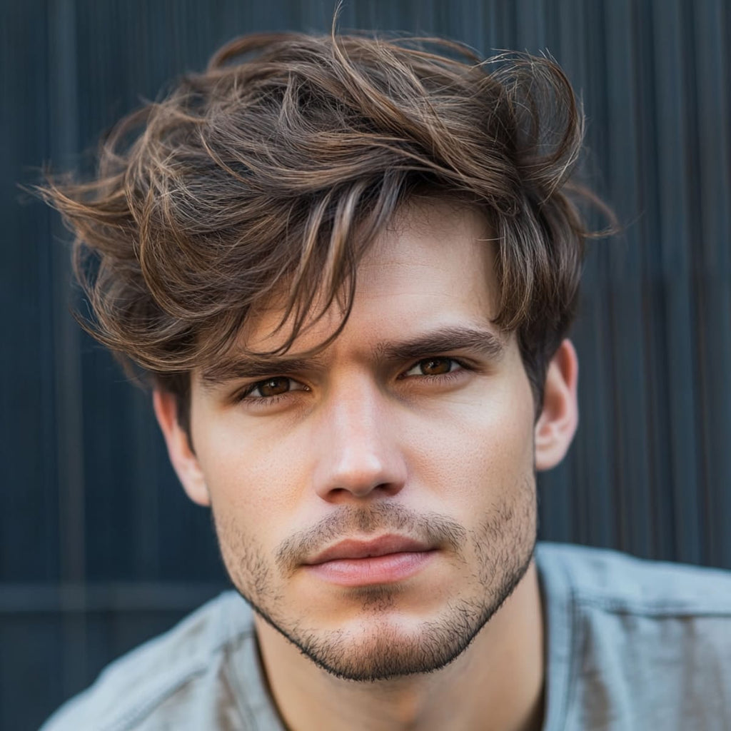 Man with a layered fringe hairstyle, a popular medium hairstyle for men with big foreheads. This look features textured, slightly tousled bangs that partially cover the forehead, adding dimension and softening facial features. Ideal for men seeking a stylish and relaxed look, the layered fringe provides a balanced shape while subtly minimizing the forehead's prominence.