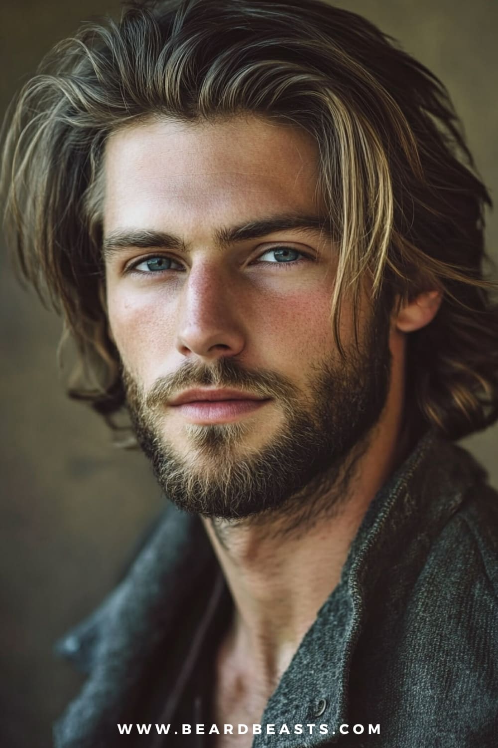 A man with a rugged layered long cut hairstyle is featured in this close-up image, with soft, flowing layers that add texture and movement to his long hair. The layers create volume and fullness, perfect for enhancing thin hair while maintaining a natural and effortless look. His hair falls just past his shoulders, giving a relaxed, masculine vibe, and is complemented by a well-groomed beard. This long hairstyle for men with thin hair is ideal for creating depth and texture, making the hair appear thicker. The casual yet stylish appearance is perfect for both everyday wear and adventurous settings.