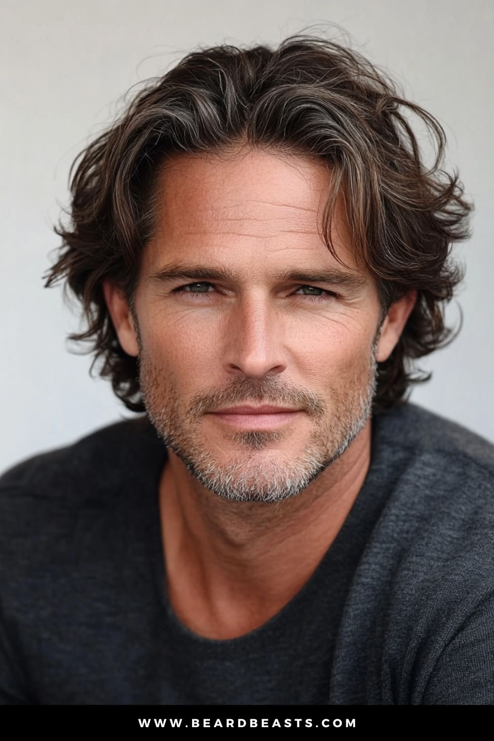 A handsome older man with a natural, relaxed look, sporting Shoulder Length Layers. His hair flows freely to his shoulders, with layers adding movement and texture, creating a balanced and youthful appearance. The soft waves frame his face perfectly, highlighting his strong features and giving him a refined yet effortlessly stylish look.