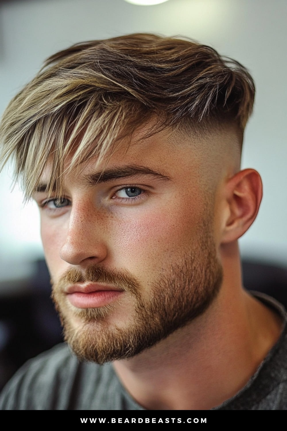 Close-up of a young man with a stylish Long Fringe High Fade, a standout look in the category of men's short on sides, long on top haircuts. The haircut features a long, textured fringe that sweeps across the forehead, paired with a sharp high fade on the sides for a striking contrast and modern appeal.