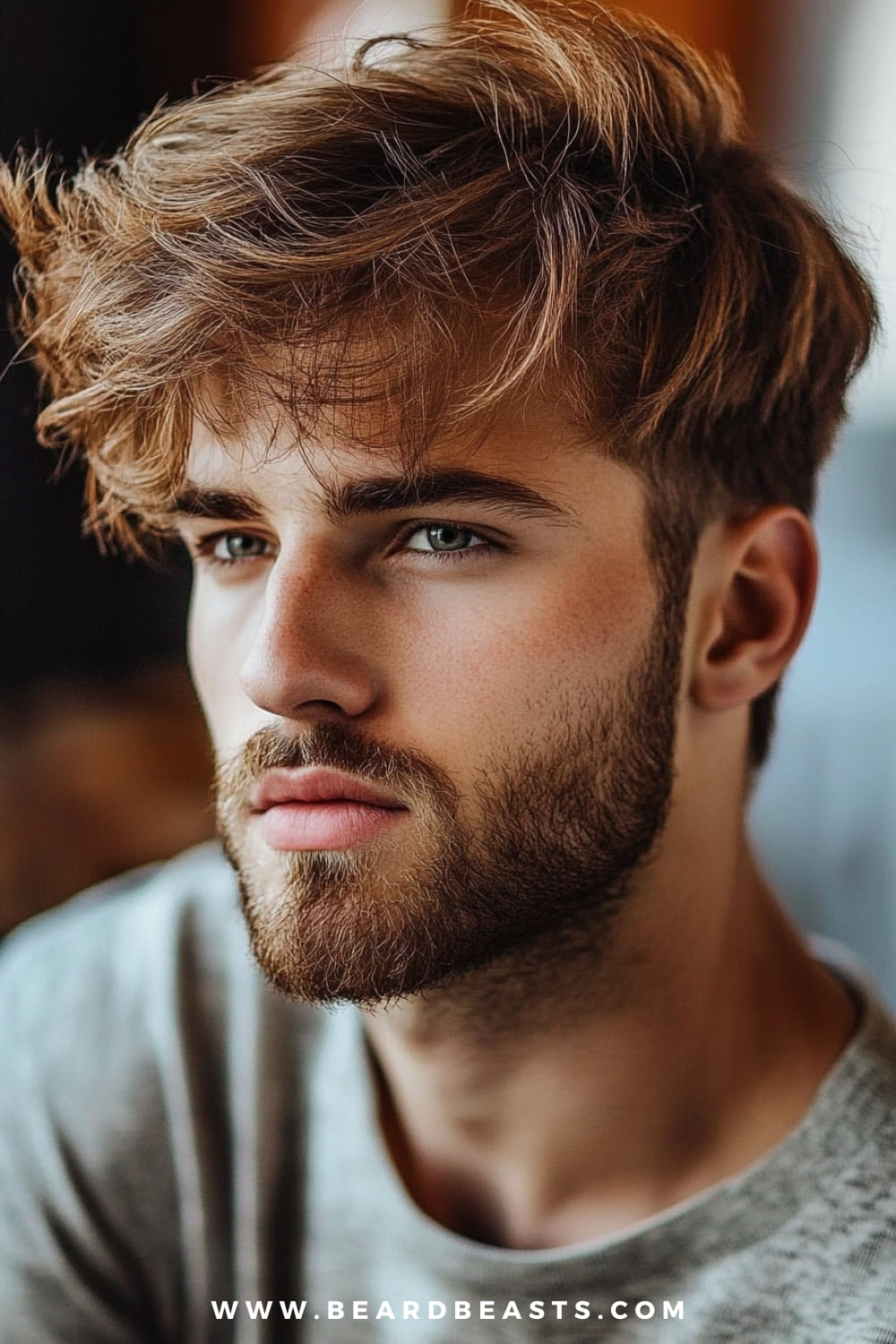 A man with a stylish long fringe hairstyle is featured in this image, with soft, tousled hair that creates natural volume and movement. The longer fringe falls across the forehead, giving the appearance of thicker hair while adding a casual, textured vibe. This long hairstyle for men with thin hair cleverly uses the fringe to cover any thinning at the hairline, making the hair look fuller and more dynamic. His neatly groomed beard complements the laid-back yet fashionable look, perfect for men seeking an effortless style that enhances the natural texture of thin hair.