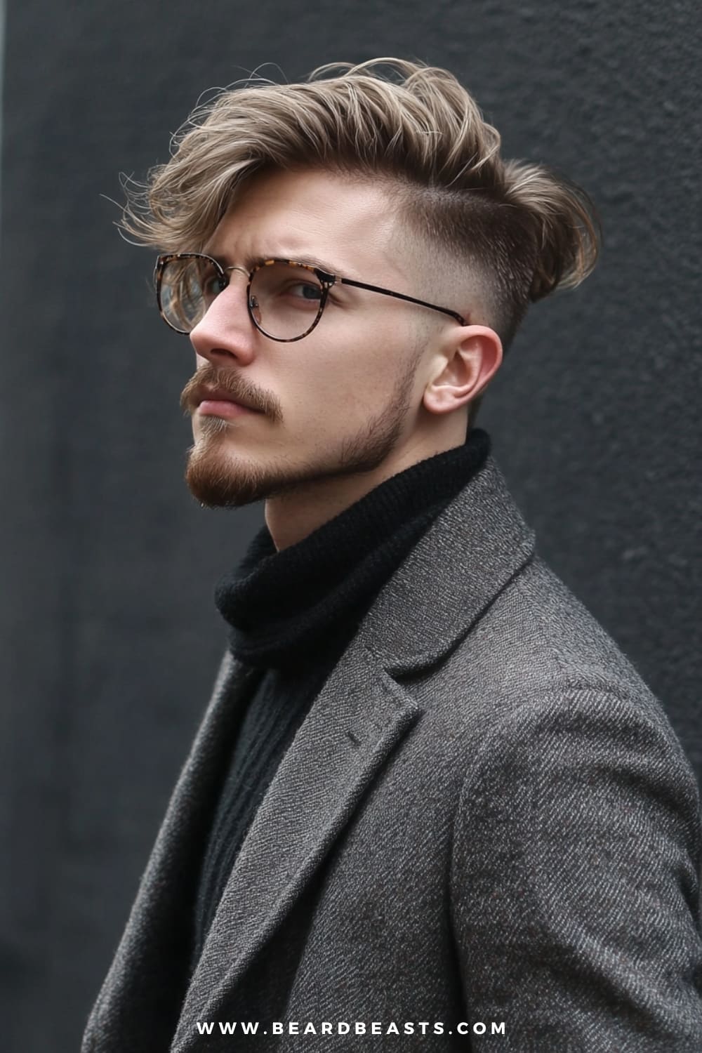 Man with a stylish long top and fade haircut, paired with glasses and a well-groomed beard, wearing a textured coat. The sharp contrast between the voluminous top and faded sides makes this a sleek and trendy example of men's hairstyles for long hair, offering a modern and refined look.