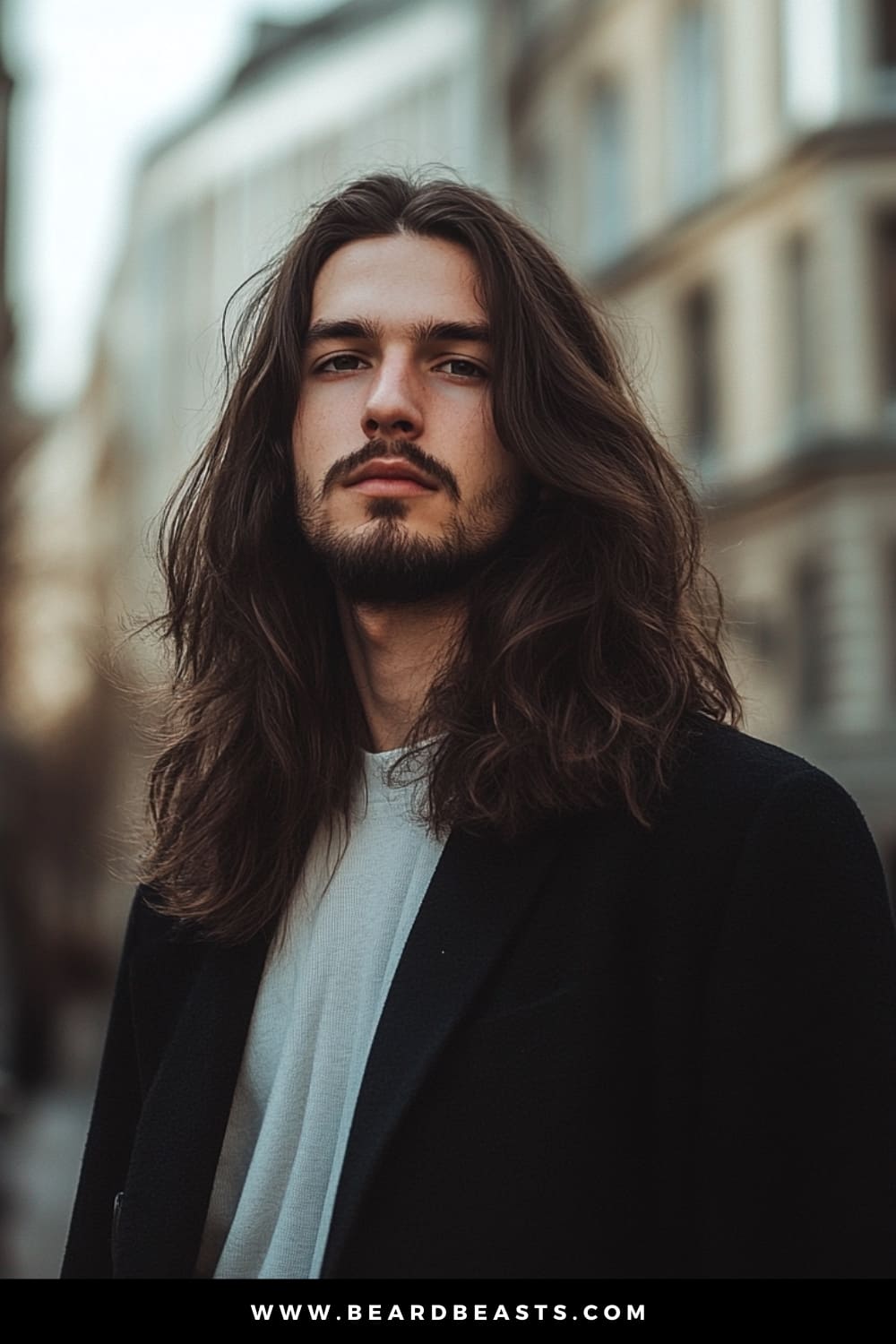 Man with long, flowing hair styled with a middle part and subtle waves, wearing a casual yet stylish outfit. This classic look emphasizes the natural movement of the hair, making it a timeless choice for men's hairstyles for long hair, offering a relaxed yet polished appearance.