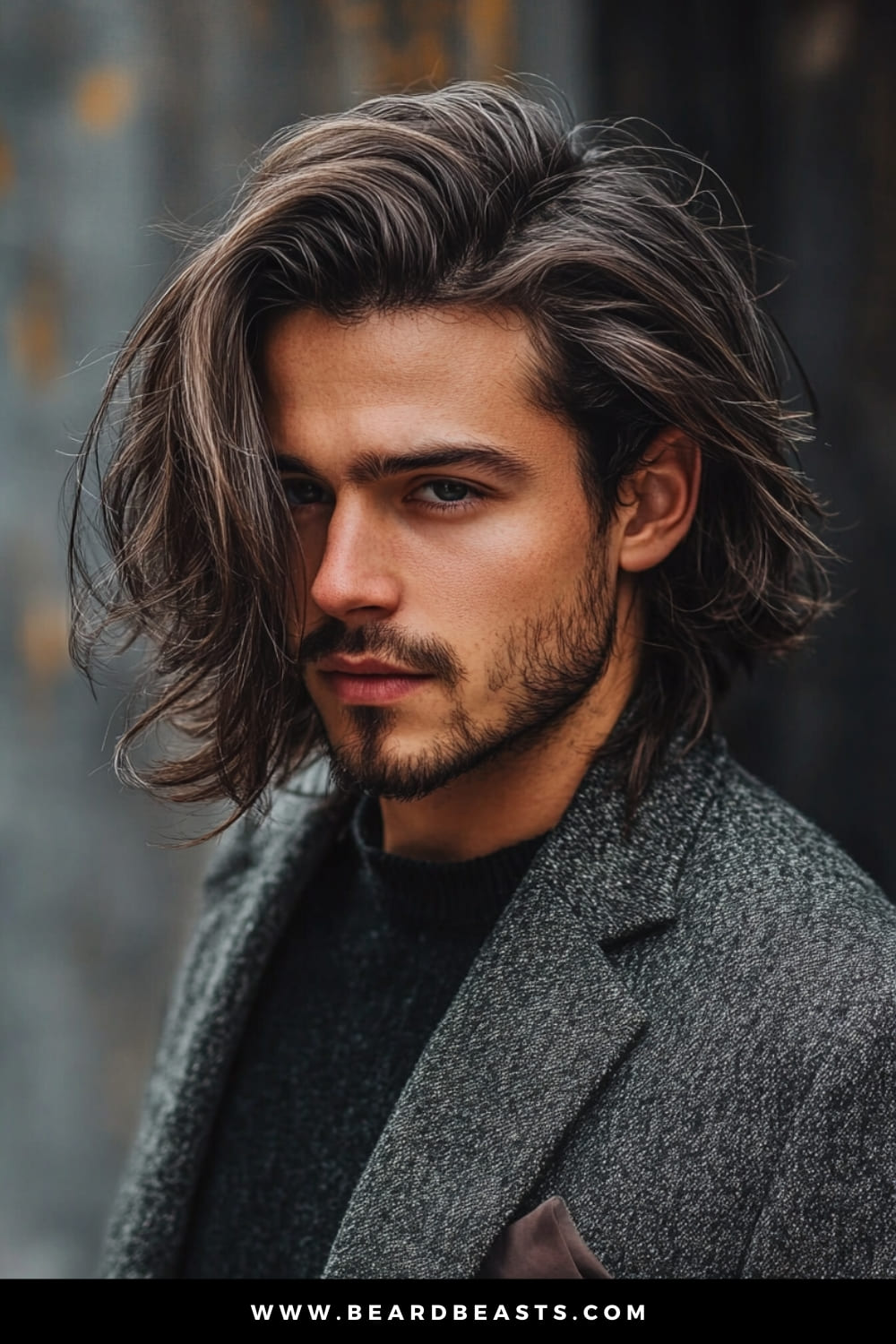 Man with long, voluminous hair styled with a deep side part and a well-groomed beard, wearing a textured coat. The side part adds volume and structure, making this a bold, stylish example of men's hairstyles for long hair that exudes confidence and sophistication.