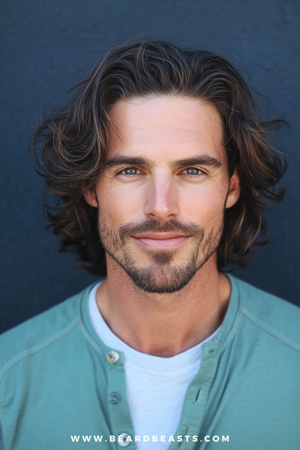 A man with natural long, messy waves is featured in this image, showcasing a relaxed, tousled hairstyle that adds volume and texture to his look.