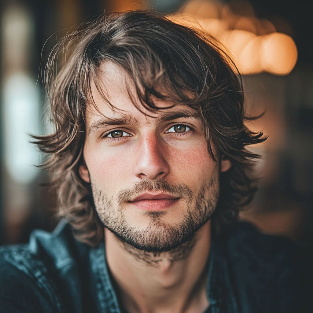 Man with long, side-swept bangs as part of a longer hairstyle, ideal for men with big foreheads. The soft, flowing bangs gently cover part of his forehead, creating a balanced and approachable look. His wavy, tousled hair adds texture and movement, enhancing his facial features while maintaining a relaxed, natural style. This long hairstyle frames the face and subtly reduces the prominence of a larger forehead.
