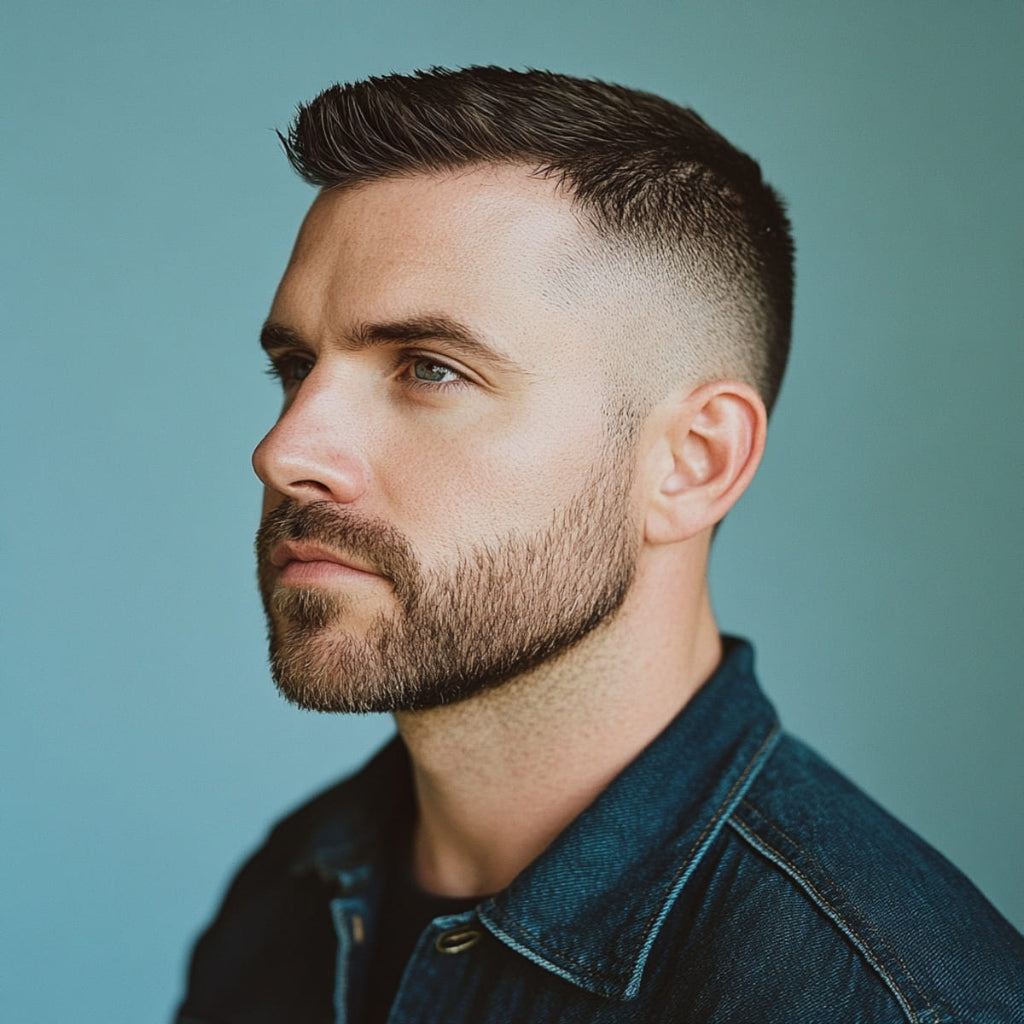 A side profile of a man with a crew cut on top and a clean drop fade on the sides and back. The haircut is sharp and stylish, with the fade blending smoothly into the skin. The man has a full, well-groomed beard that complements the haircut, adding to the overall polished appearance. He is wearing a denim jacket, giving the look a modern and confident vibe. The combination of the crew cut, drop fade, and beard creates a fresh and masculine style.
