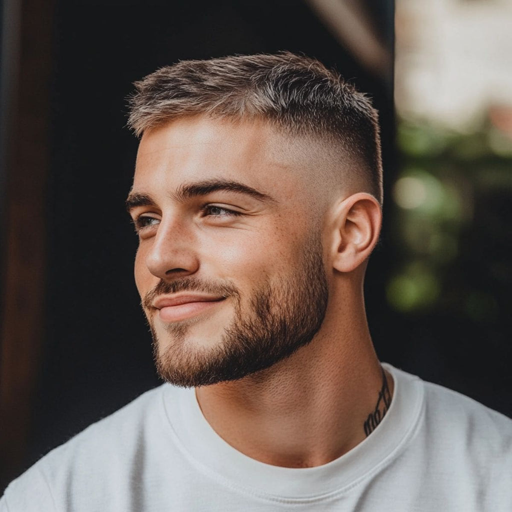 A close-up side profile of a man with a high skin fade buzz cut and a neatly groomed beard. He has a relaxed, confident expression and is dressed casually in a white t-shirt. The clean skin fade contrasts with the textured top, and natural lighting highlights his sharp facial features. The background is softly blurred, keeping the focus on his fresh haircut and well-maintained beard.