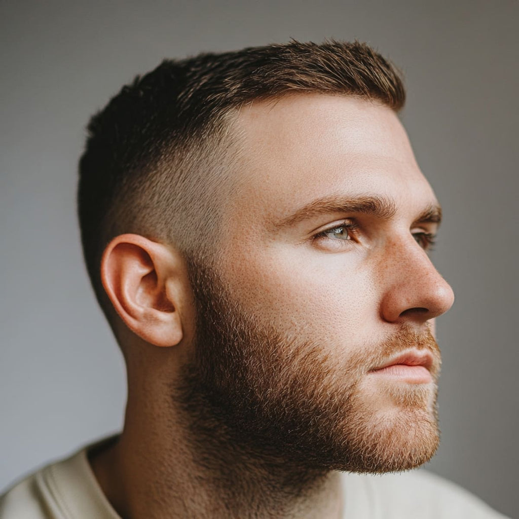 A close-up side profile of a man with short, neatly textured hair styled in a crew cut. The sides feature a clean, gradual fade that blends smoothly into the skin, creating a sharp and modern look. He has a light, well-groomed beard that complements the haircut, giving a balanced and stylish appearance. The man’s expression is calm and confident, with soft lighting accentuating the details of his face and haircut.
