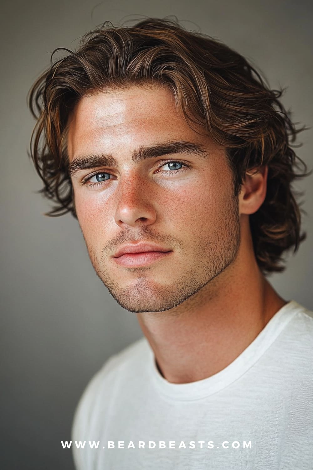 A young man with a stylish medium-length flow haircut, featuring soft, voluminous brown hair that naturally flows back and slightly to the side, giving the look a relaxed yet refined appearance. His hair is well-groomed, maintaining a natural texture that highlights the length and fullness of the style. The man's neatly trimmed stubble complements his fresh, youthful look, adding a touch of ruggedness.