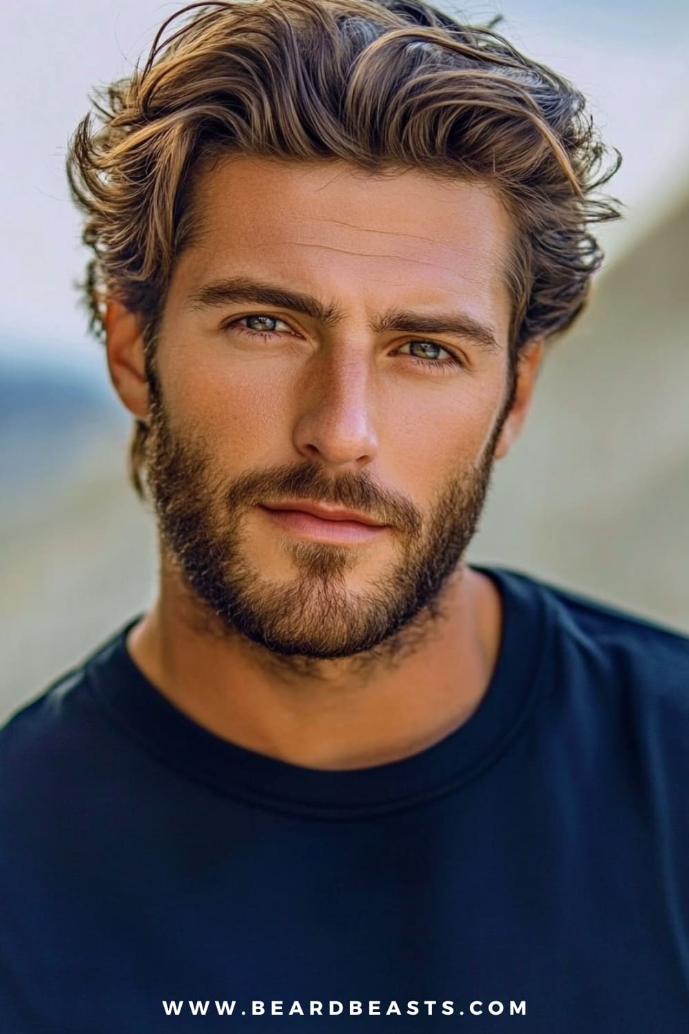 A man with a medium wavy layered cut is featured in this image, showcasing his naturally thin wavy hair styled with layers for added texture and volume. The soft waves fall around his face, giving the hair a fuller appearance while maintaining a casual, laid-back vibe. The layers enhance the natural movement of the waves, making this a perfect hairstyle for men with thin wavy hair. Paired with a well-groomed beard and a simple outfit, this look exudes effortless style and confidence, ideal for both casual and polished settings.
