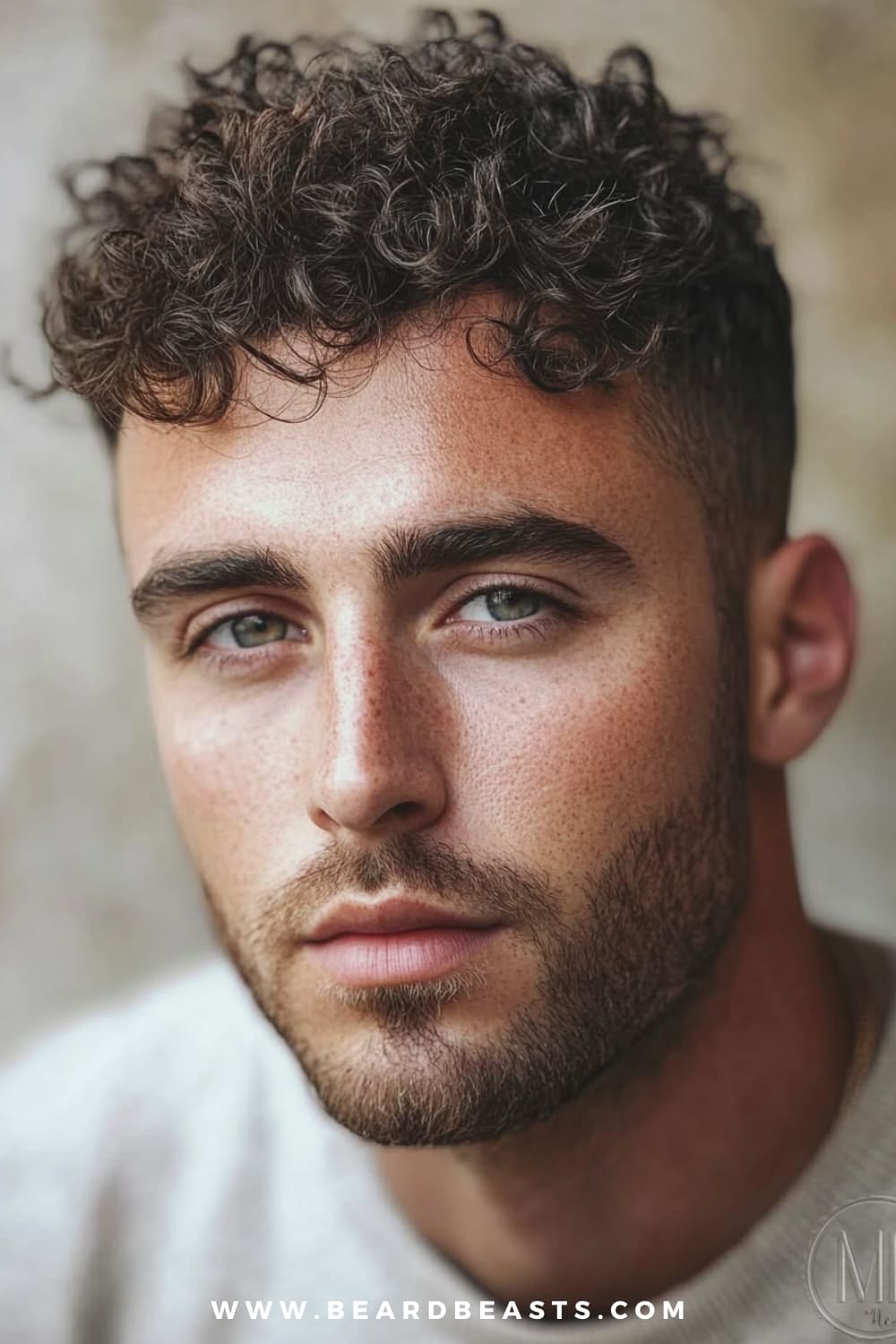 A man with a stylish curly crop hairstyle is featured in this close-up image, showcasing his naturally textured thin curly hair. The short, defined curls on top create volume and fullness, while the sides are neatly faded for a clean and sharp contrast. This hairstyle for men with thin curly hair is perfect for adding dimension and managing curls while keeping the look modern and low-maintenance. Paired with a well-groomed beard, this style offers a casual yet polished appearance, ideal for everyday wear.