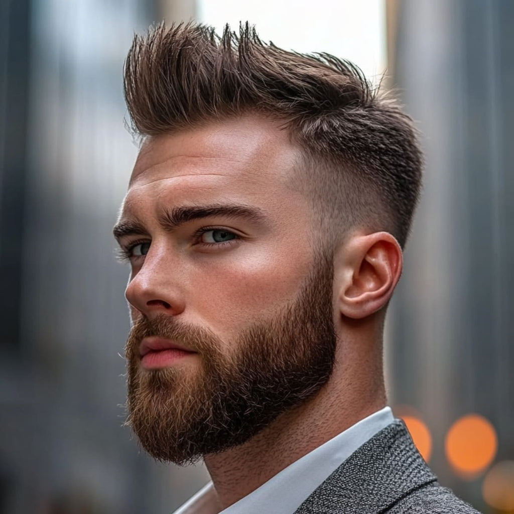 A side profile of a man with a faux hawk hairstyle, an excellent haircut choice for guys with small heads. The hair on top is styled upward with textured volume, creating a bold, spiked look that adds height to the head. The sides are tapered into a clean fade, enhancing the contrast and adding definition to the overall style. This faux hawk gives a modern and edgy appearance, ideal for men with smaller head shapes looking to add dimension and presence to their look.
