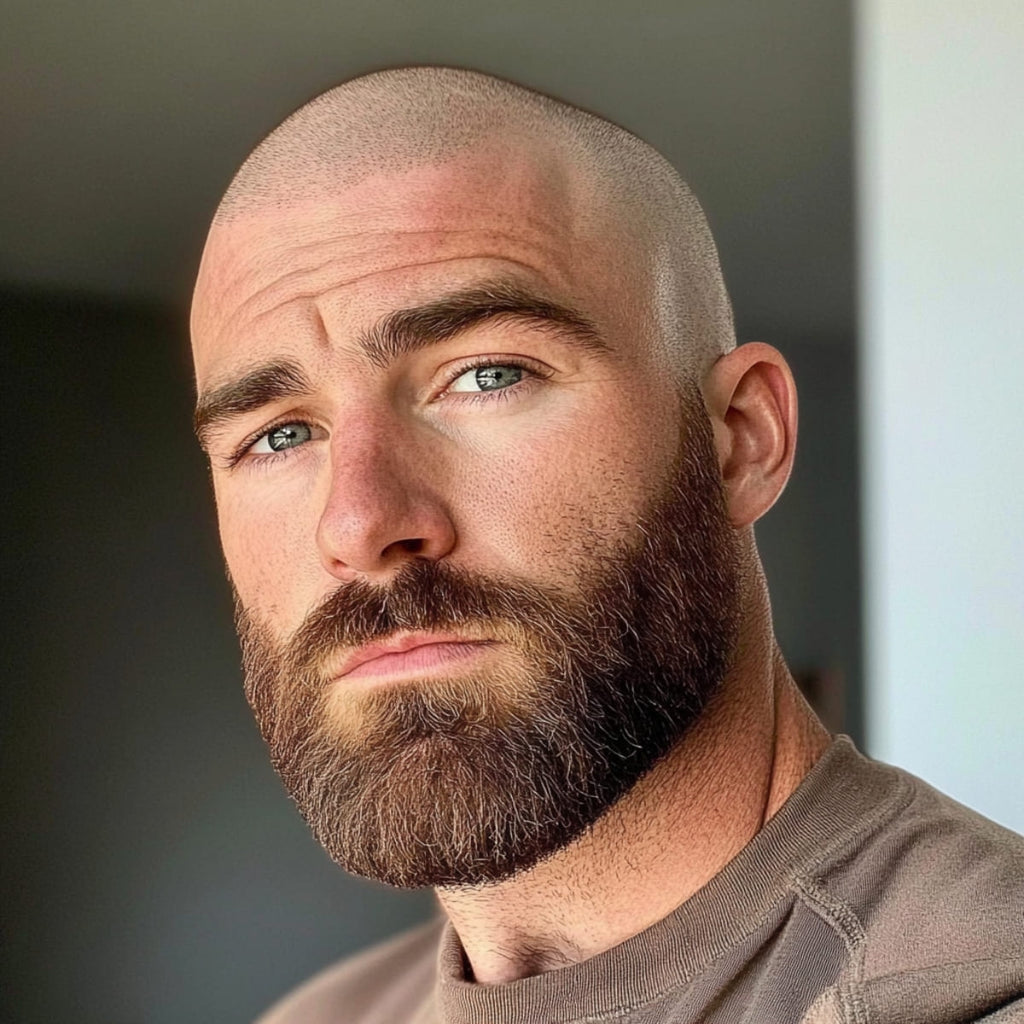 Man with a fully shaved head and a well-groomed beard, showcasing a bold, confident look. His piercing gaze and rugged style highlight the appeal of a clean, no-fuss haircut that emphasizes facial features and masculinity.
