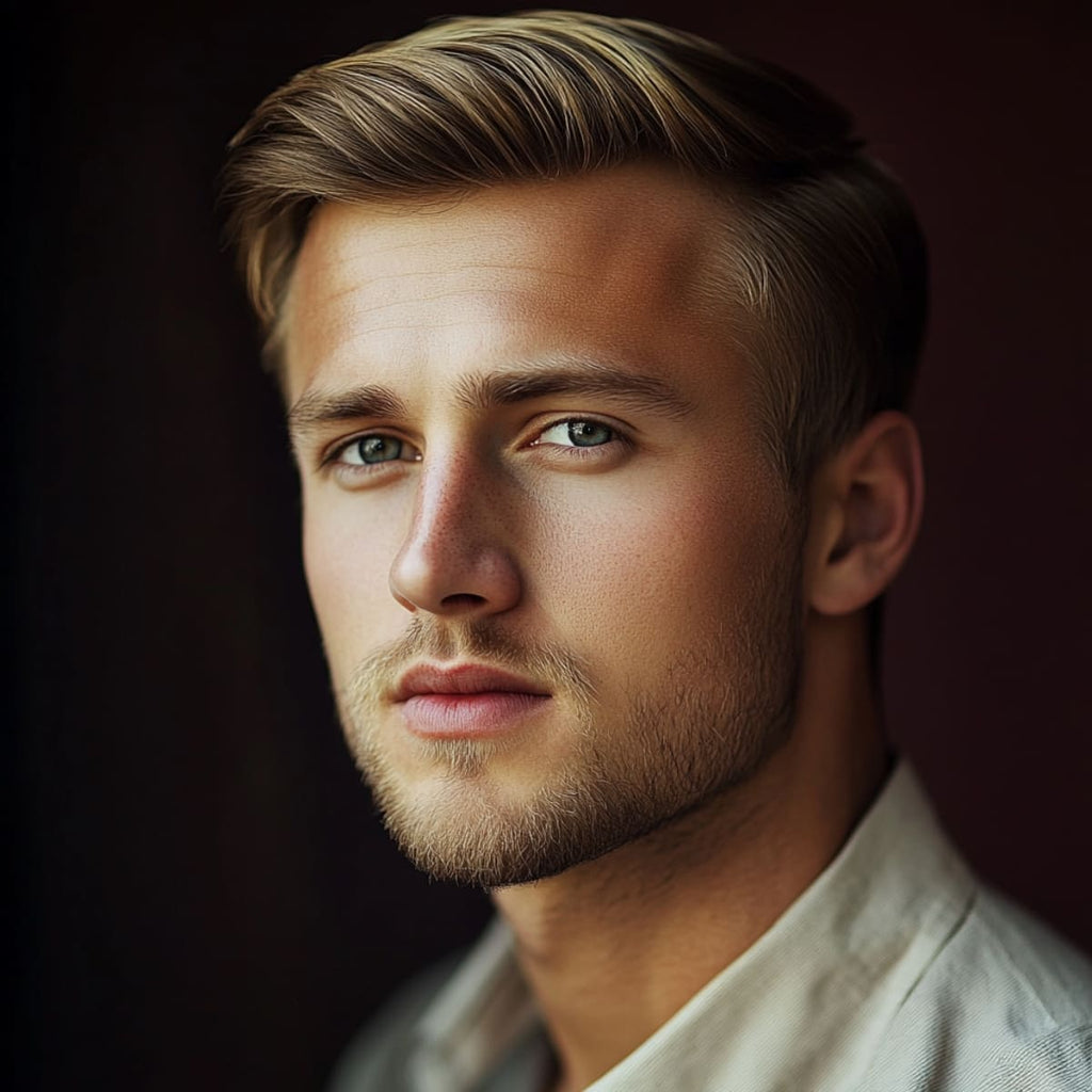 A portrait of a man with an Ivy League haircut, featuring neatly combed hair with a slight side part. The top is kept longer and styled to the side, giving a refined, polished look, while the sides are shorter and blended seamlessly. This classic style complements his facial features, adding a touch of elegance and sophistication to his appearance. The Ivy League cut provides a timeless, versatile look that works well for a variety of settings, from casual to formal.