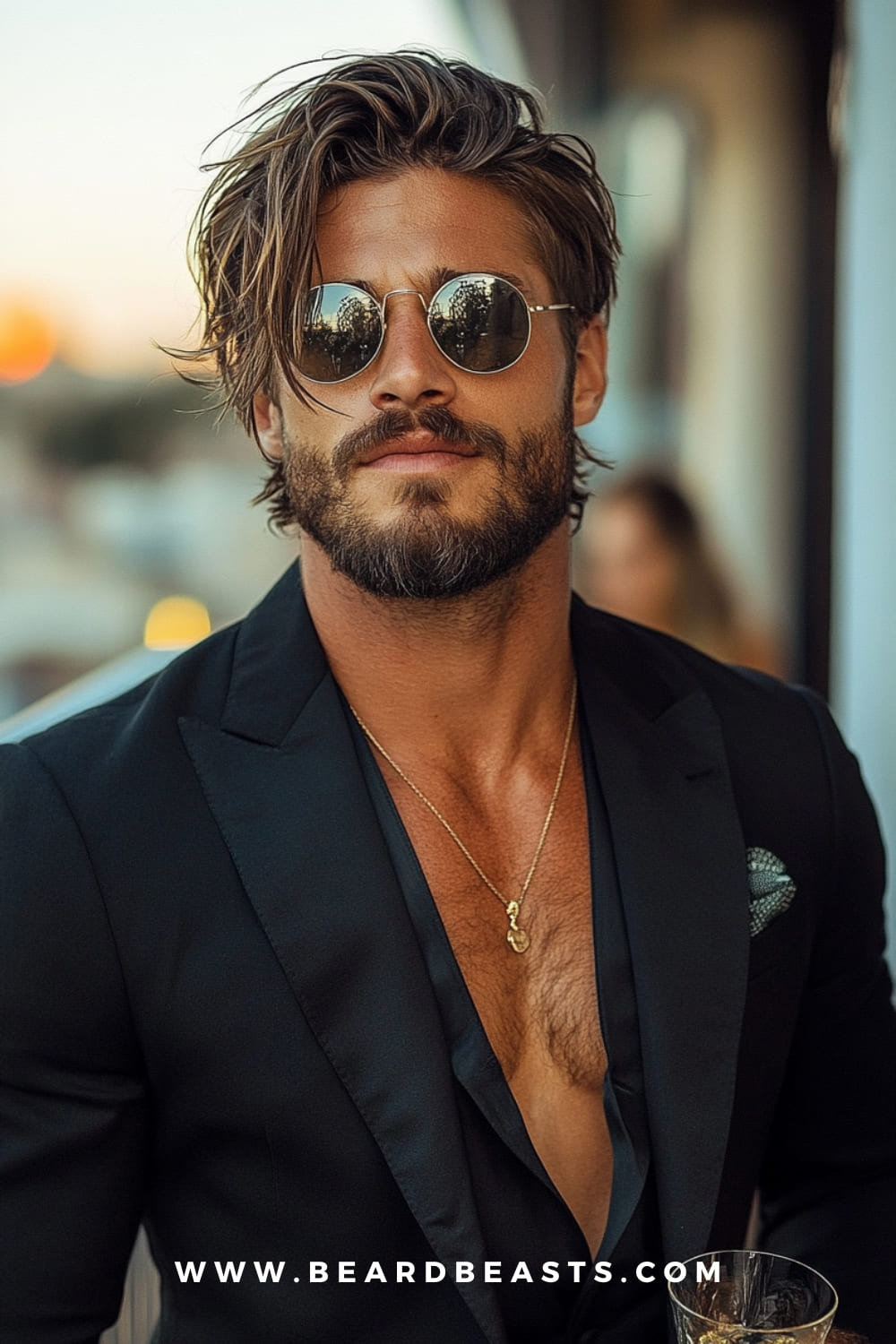 A man with a long side-part hairstyle and a full beard, wearing sunglasses and a black blazer. This is one of the best long hairstyles for men with round faces, as the side part adds asymmetry and length, helping to create a more angular and elongated appearance. Ideal for a stylish, modern look.