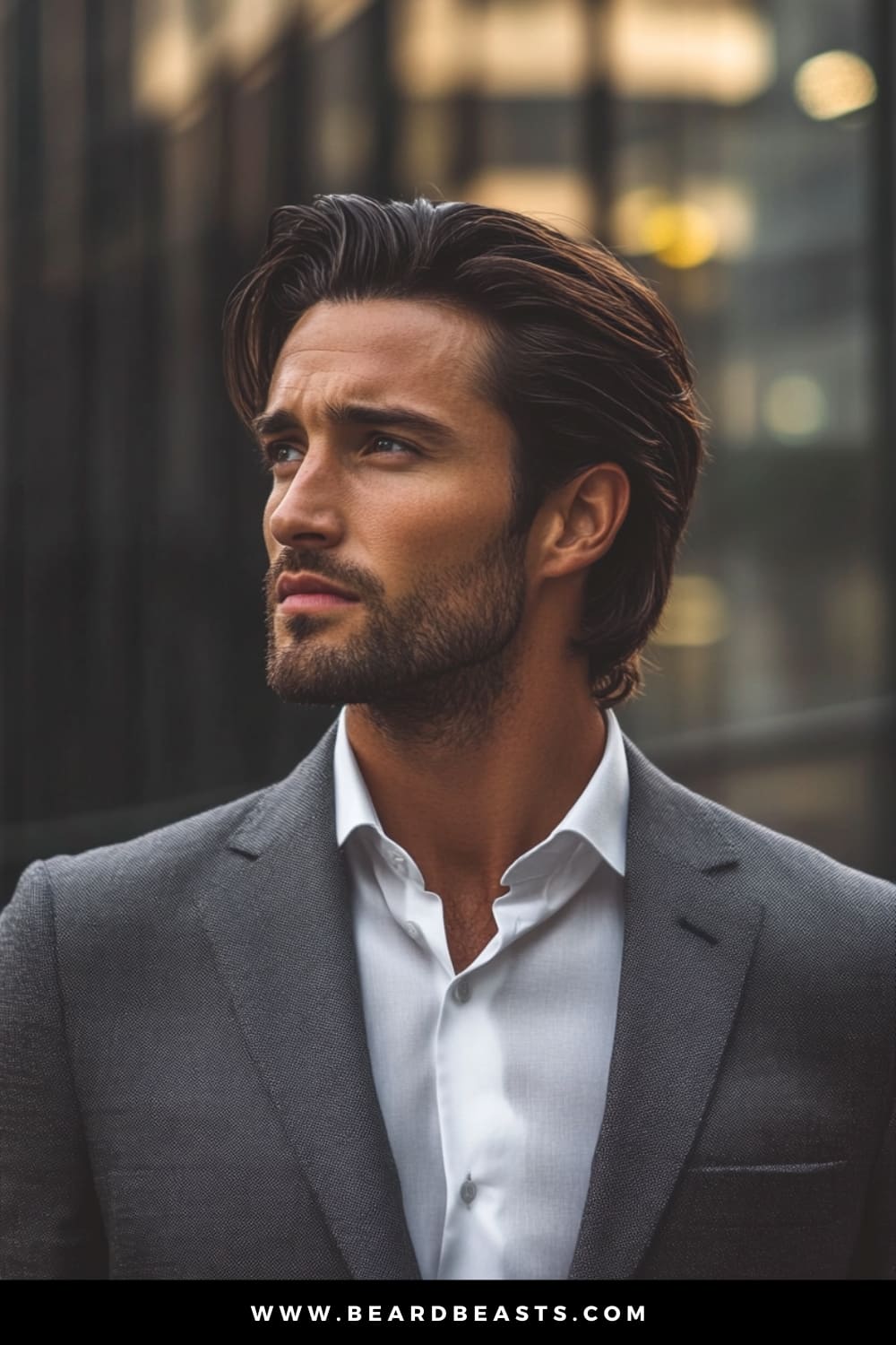 Man with long, slicked-back hair and a neatly trimmed beard, wearing a tailored suit, exuding a polished and professional look. The slicked-back style emphasizes a sharp and clean aesthetic, making it an ideal example of men's hairstyles for long hair that blend sophistication with modern charm.