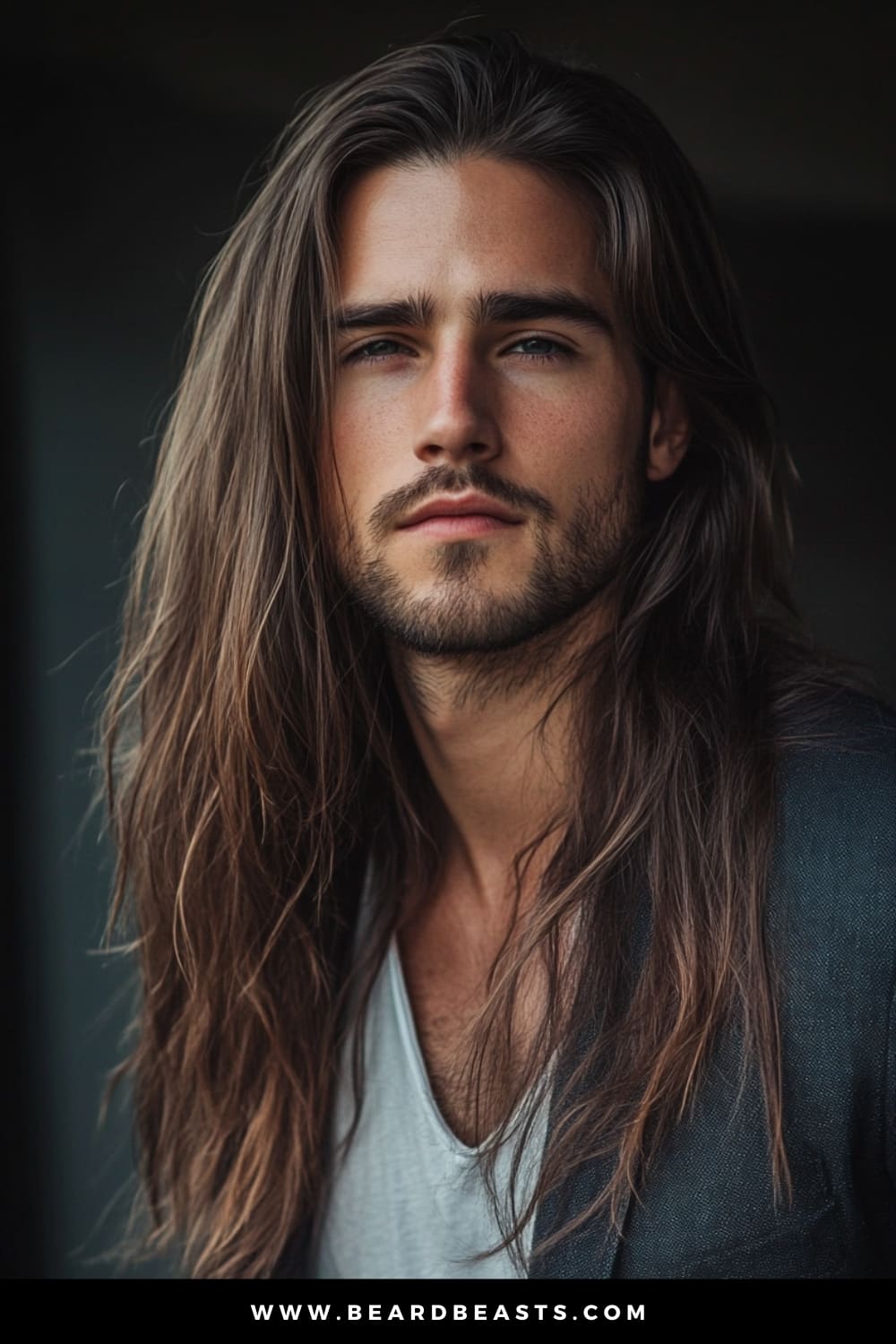 Man with long, sleek straight hair and a light beard, exuding a calm and confident demeanor. The smooth, flowing locks create a polished yet effortless appearance, making this an ideal example of men's hairstyles for long hair that highlight natural texture and simplicity.
