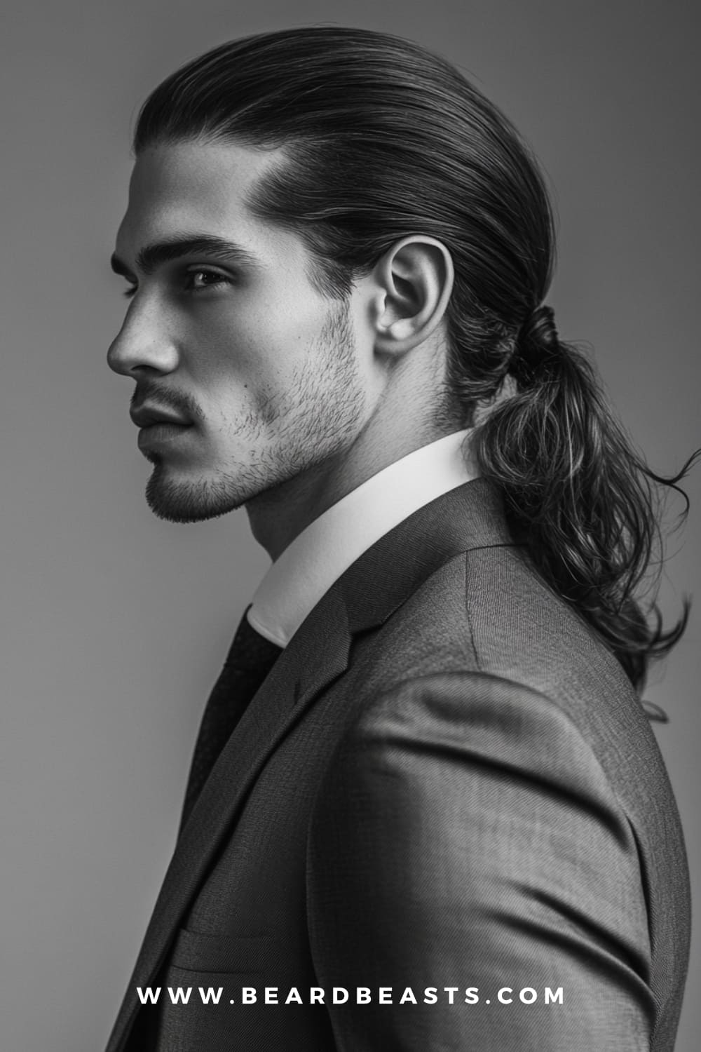 Side profile of a man with a loose ponytail and light facial hair. This is hairstyle adds height and structure, helping to create a more angular and elongated appearance. A sleek and refined look for those with longer hair.