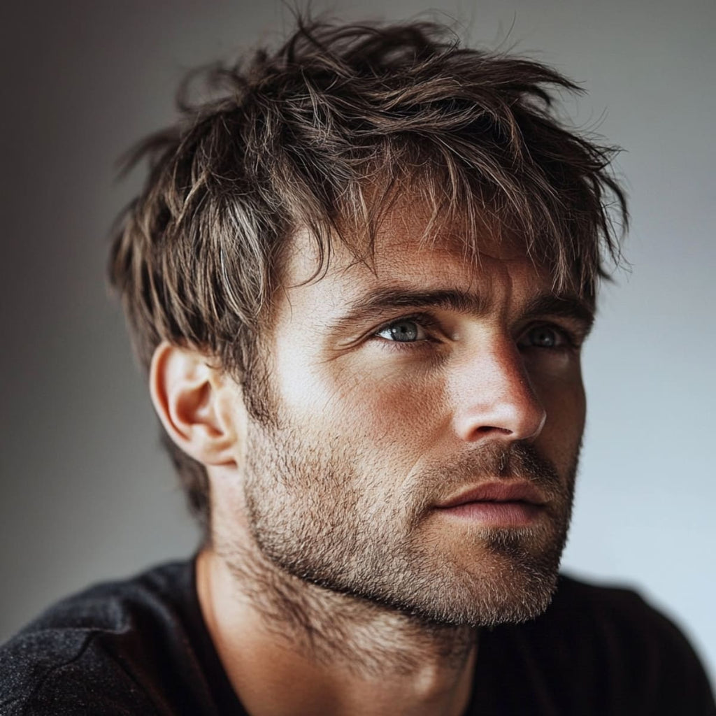 Man over 40 with a stylish short shag haircut, demonstrating a relaxed and trendy option for haircuts for men over 40. His tousled, textured hair adds a youthful, effortless vibe, making this cut perfect for mature men seeking a modern, low-maintenance style.