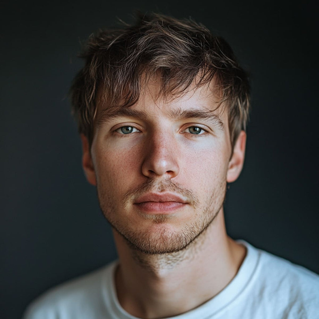 A close-up portrait of a man with a short, shaggy hairstyle that has a relaxed, tousled look. The hair is layered and slightly messy, giving a natural and effortless appearance that frames his face softly. This style provides texture and movement, ideal for a laid-back and youthful aesthetic. The overall look is casual and understated, enhancing his facial features without appearing overly styled.