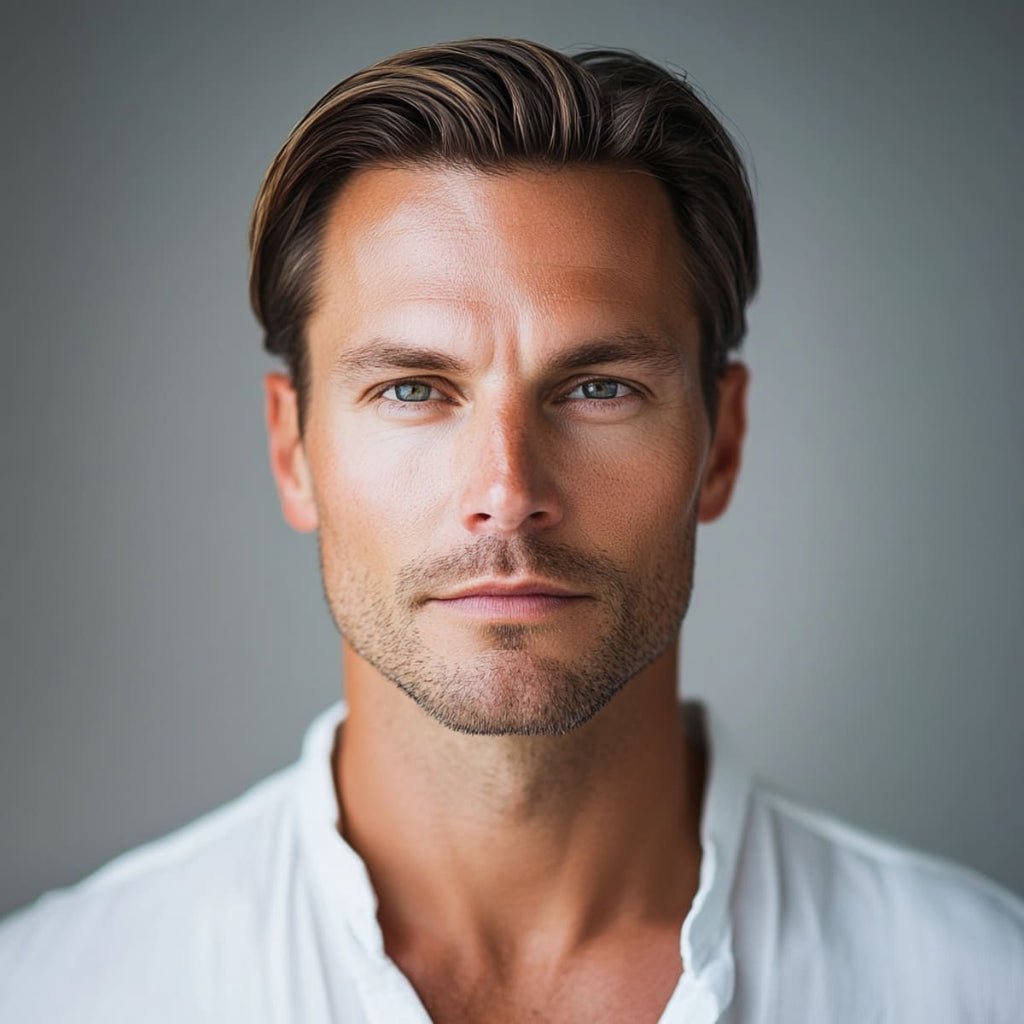 Man over 40 with a sleek, slicked-back hairstyle, highlighting one of the classic haircuts for men over 40. His confident gaze and neatly styled hair showcase a refined, timeless look that's both sophisticated and effortlessly stylish, perfect for mature men aiming for a polished appearance.