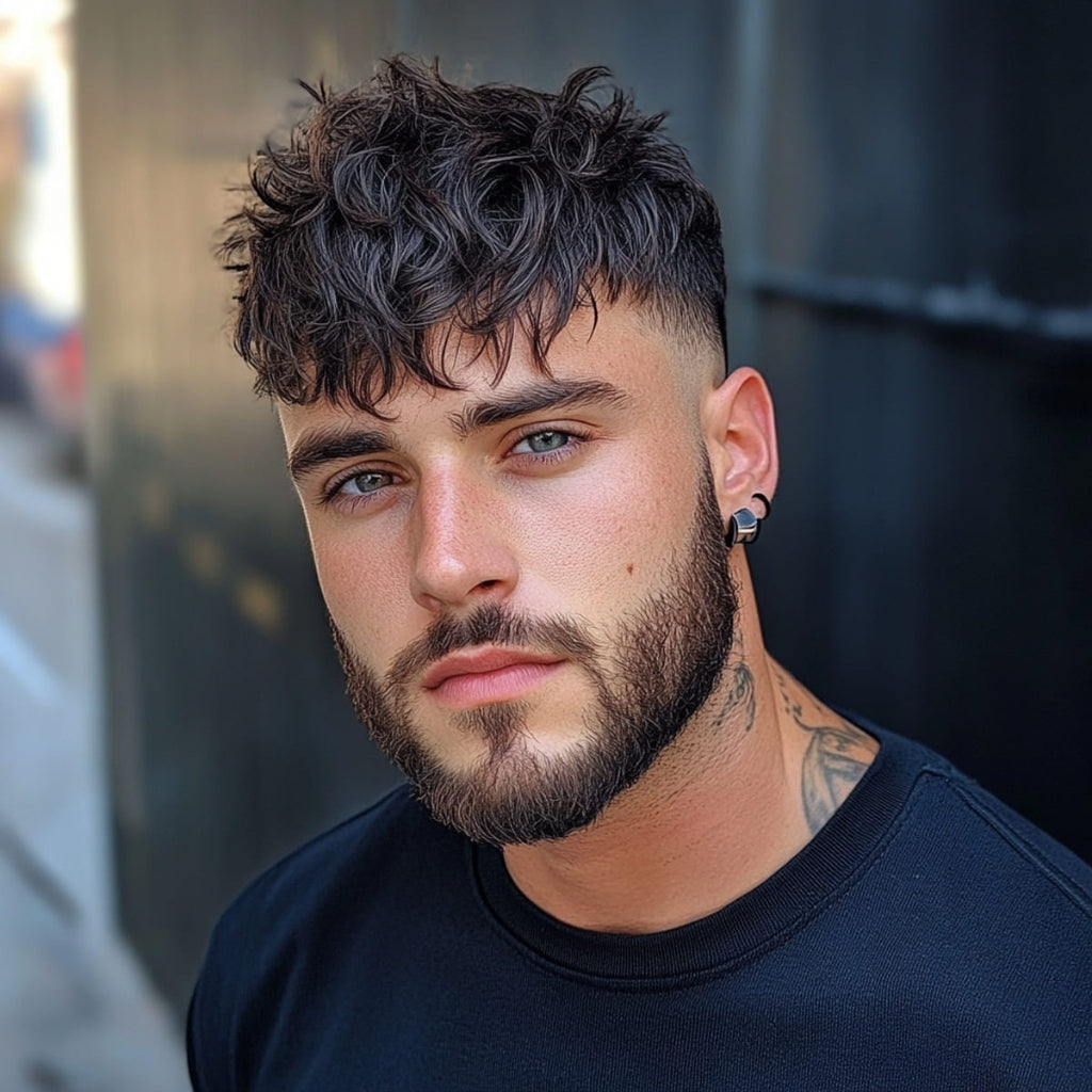 A stylish man with a textured crop haircut, ideal for guys with smaller head shapes. His hair features a wavy, tousled texture on top, paired with a skin fade on the sides, accentuating facial structure and adding volume. The beard complements the hairstyle, creating a balanced, masculine look. This hairstyle is popular among haircuts for men looking to enhance their appearance with a smaller head shape.