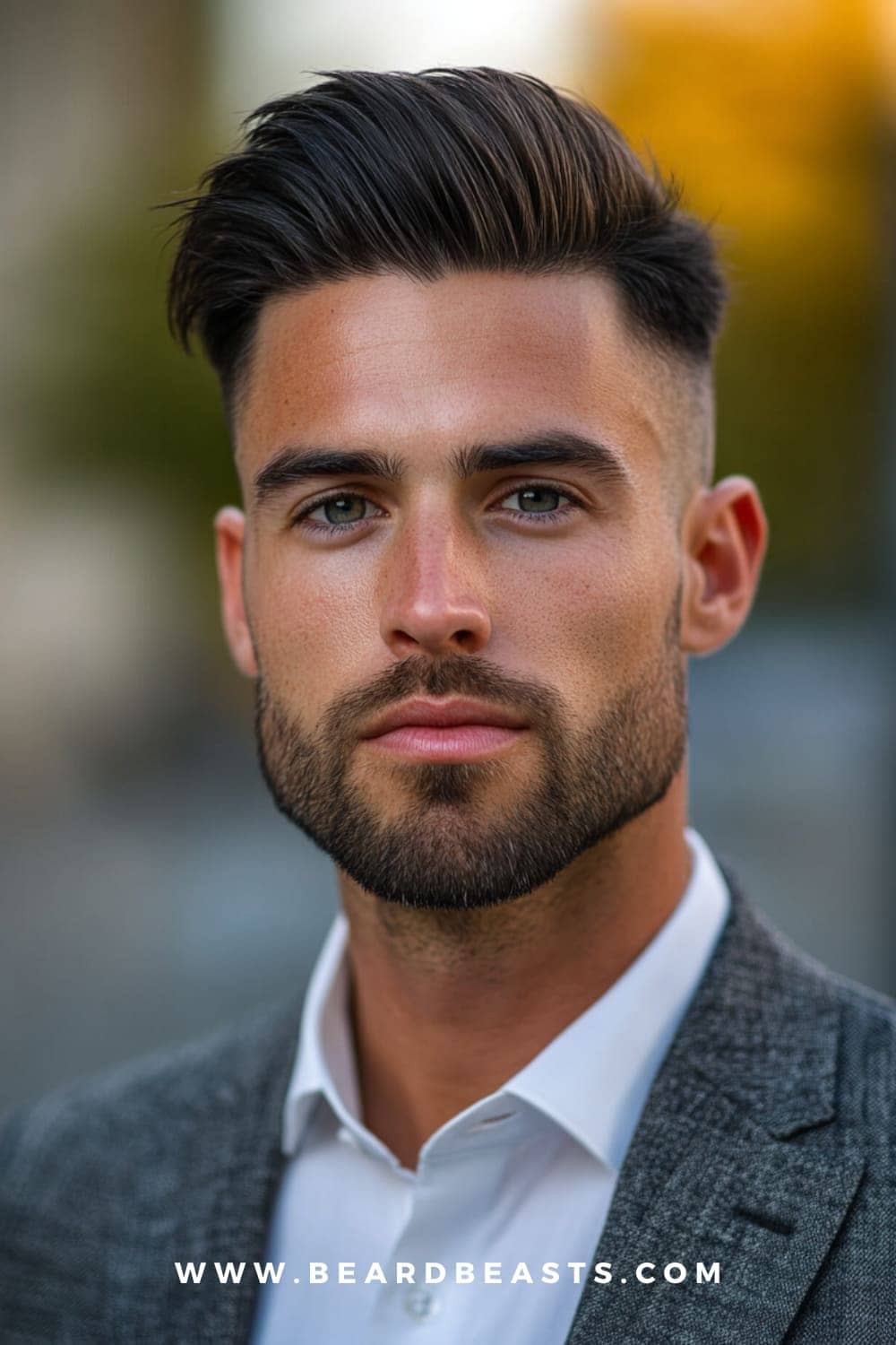"Sharp undercut hairstyle for men with square faces, featuring clean, tight sides and a voluminous top that adds contrast and highlights strong facial features for a modern, stylish look.