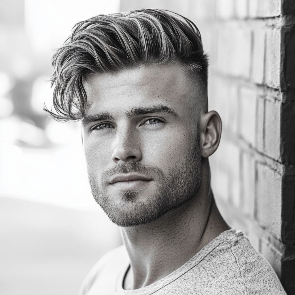 A black-and-white portrait of a man with an undercut hairstyle featuring a wavy, voluminous top, ideal for guys with small heads. The hair on top is styled with texture and flow, adding height and dimension, while the sides are closely shaved for a sharp contrast. This undercut creates a modern, edgy look that balances the face and enhances the overall appearance, making it a popular choice for men with smaller head shapes seeking a bold, stylish haircut.