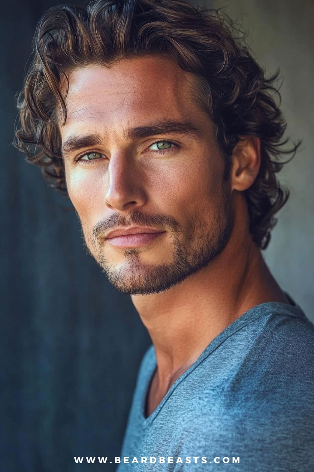 A man exudes confidence with a wavy bro flow haircut, a stylish choice among hairstyles for men with thick wavy hair. His thick, wavy locks are naturally swept back, creating a relaxed and effortlessly cool look that showcases the hair's natural volume and texture. The soft waves frame his face, enhancing his strong jawline and striking green eyes. He sports a light stubble that complements his rugged yet polished appearance.