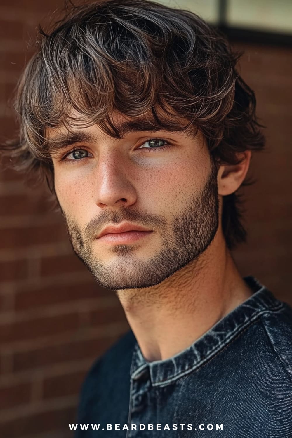 A man sports a wavy shag haircut, a trendy option among hairstyles for men with thick wavy hair. His thick, wavy hair is styled in loose layers that create a natural, tousled look, adding volume and texture to his style. The soft waves frame his face, enhancing his strong features and giving him a laid-back, effortlessly cool vibe.