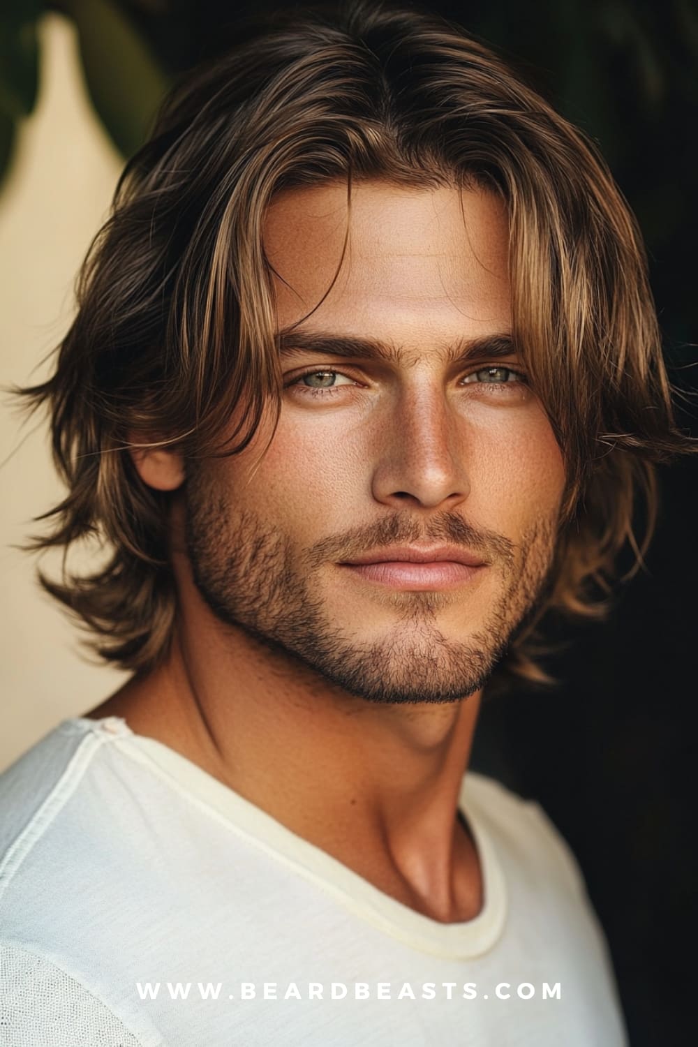A young man with a striking middle part flow haircut, featuring medium-length, light brown hair that is parted down the center, framing his face with natural waves. The hairstyle exudes a relaxed and effortlessly stylish vibe, with the flowy locks adding volume and texture to the look. His well-groomed beard complements his strong jawline, enhancing the overall rugged yet polished appearance. The man is dressed in a casual light-colored shirt, contributing to the laid-back, cool aura of the image. This middle part flow haircut is a prime example of trendy men's flow hairstyles for 2024, ideal for those who want to embrace a classic yet modern style.