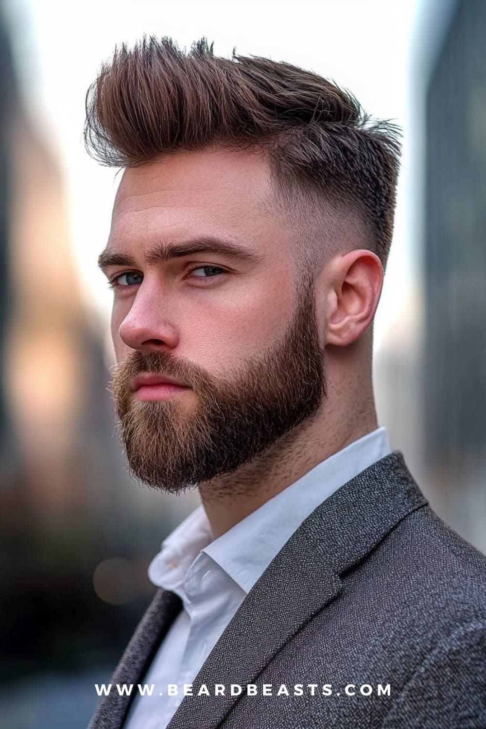 Side view of a man with a stylish pompadour and a full beard. This hairstyle adds height on top elongates the face, while the beard enhances jawline definition, creating a more structured and balanced look.