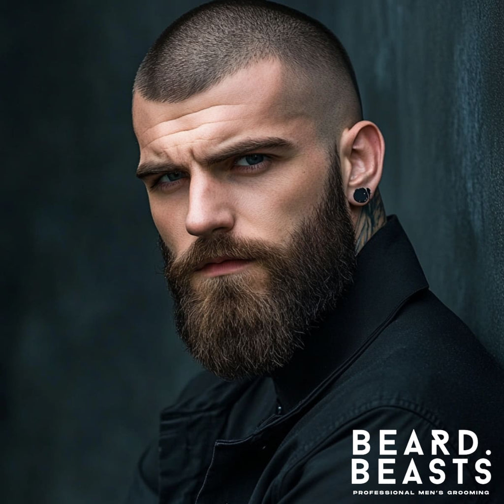 A striking portrait of a man with a clean buzz cut and a perfectly groomed classic full beard. His intense gaze and sharp features highlight one of the best beard styles for 2025, combining rugged masculinity with modern grooming. The rich texture of his beard contrasts with his smooth buzz cut, exemplifying a bold and timeless look. The Beard Beasts logo in the corner reinforces professional men's grooming excellence. Perfect inspiration for those seeking a strong and confident beard style.